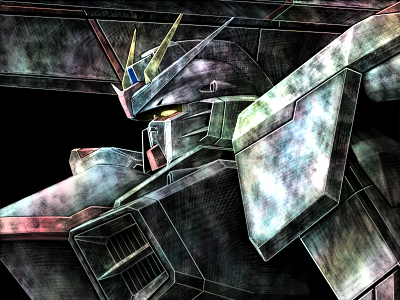 tro (trombe), freedom gundam, gundam, gundam seed, bad id, bad pixiv id, lowres, 00s, black background, dark, from side, mecha, no humans, robot, solo