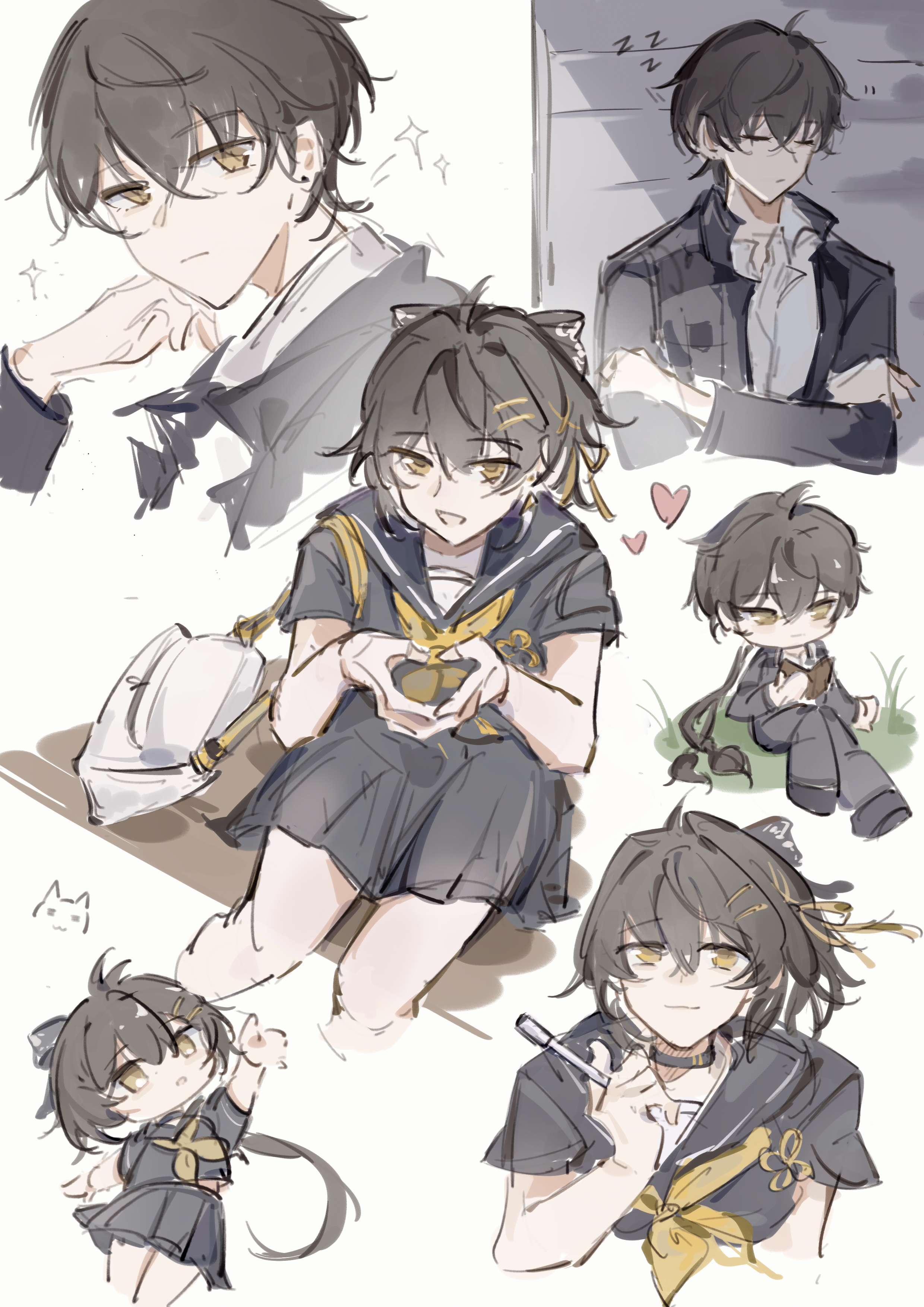 female rover (wuthering waves), male rover (wuthering waves), rover (wuthering waves), wuthering waves, absurdres, chinese commentary, commentary request, highres, 1boy, 1girl, black choker, black hair, black jacket, black sailor collar, black serafuku, black shirt, black skirt, book, breasts, chibi, chibi inset, choker, closed mouth, dual persona, hair ornament, hair ribbon, hairclip, heart, holding, holding book, jacket, long hair, looking at viewer, male focus, medium breasts, mijiu163, multiple views, neckerchief, parallel hairclips, ribbon, sailor collar, school uniform, serafuku, shirt, sitting, skirt, sleeping, sleeping upright, smile, yellow eyes, yellow neckerchief, yellow ribbon, zzz