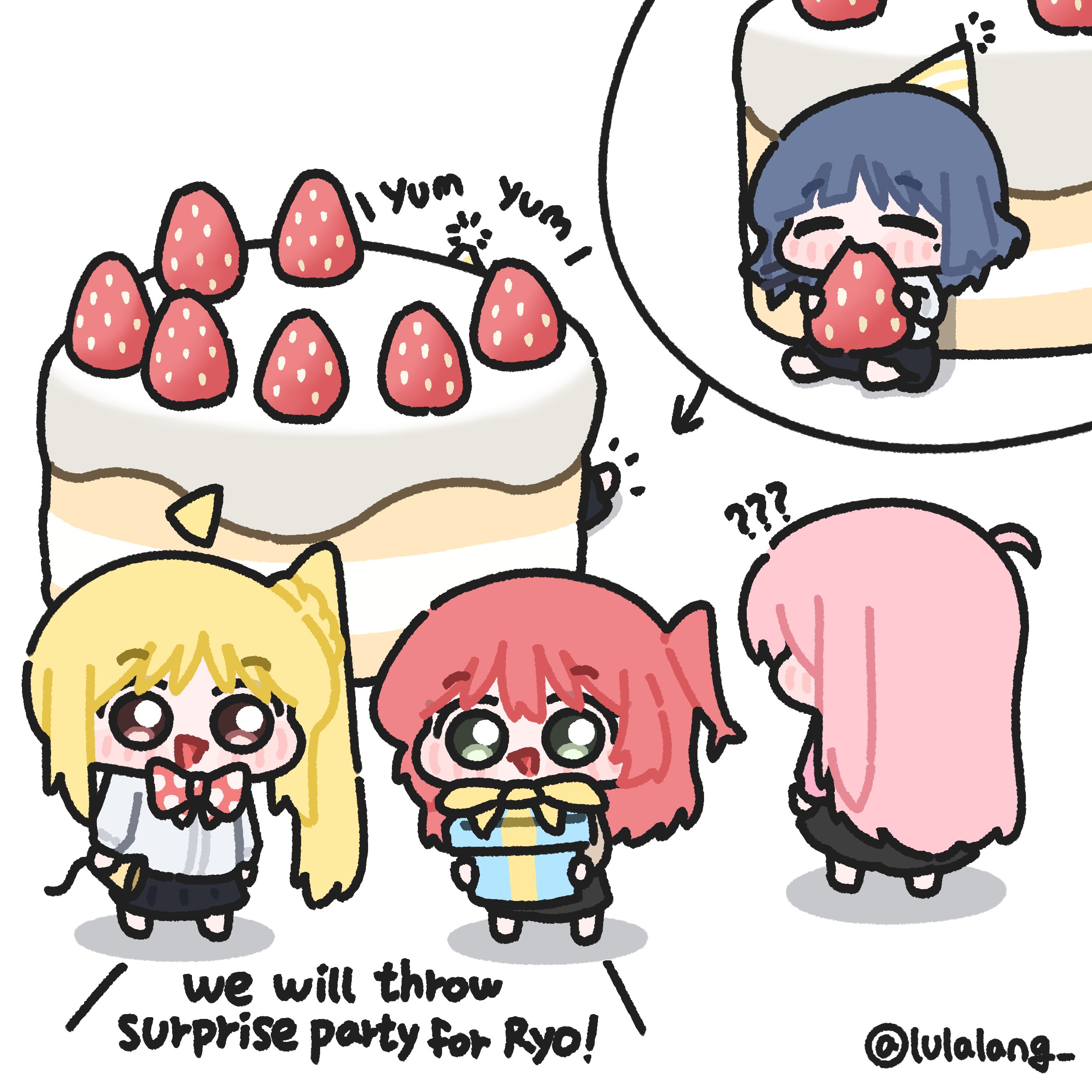 lulalang, gotoh hitori, ijichi nijika, kita ikuyo, yamada ryo, bocchi the rock!, 4girls, blonde hair, blue hair, bow, bowtie, box, cake, chibi, chibi only, eating, food, fruit, gift, gift box, hat, mini person, minigirl, multiple girls, party hat, pink hair, red hair, strawberry