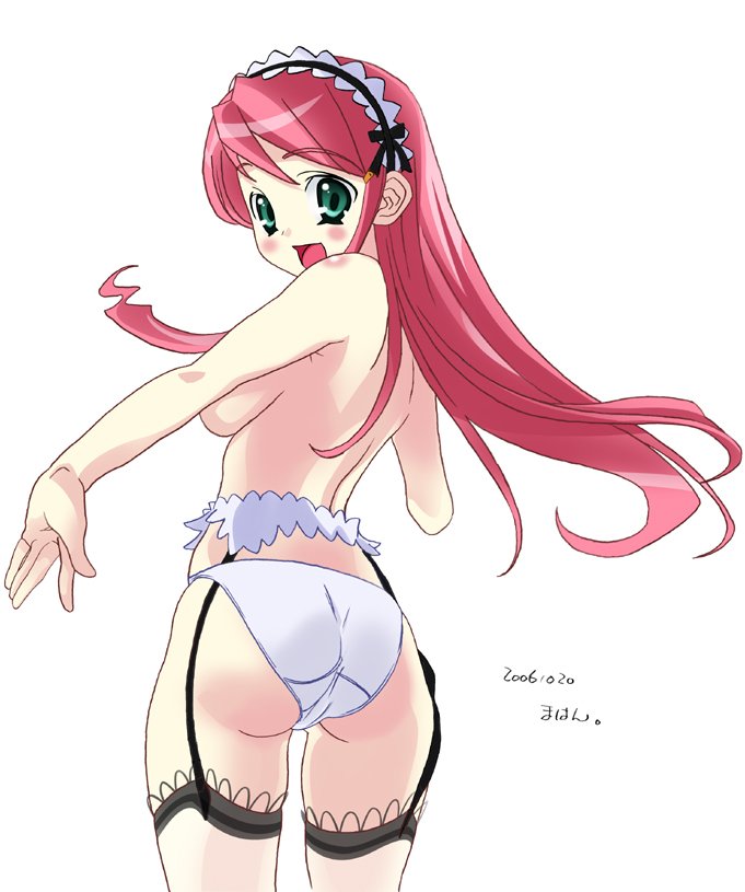 mahan (clock hearts), princess sara, rio rollins, jujika, juujika, source request, 1girl, ass, blush, breasts, female focus, frilled hairband, frills, garter belt, garter straps, green eyes, hairband, headdress, lingerie, long hair, looking back, panties, red hair, solo, thighhighs, topless female, underwear, white panties, white thighhighs