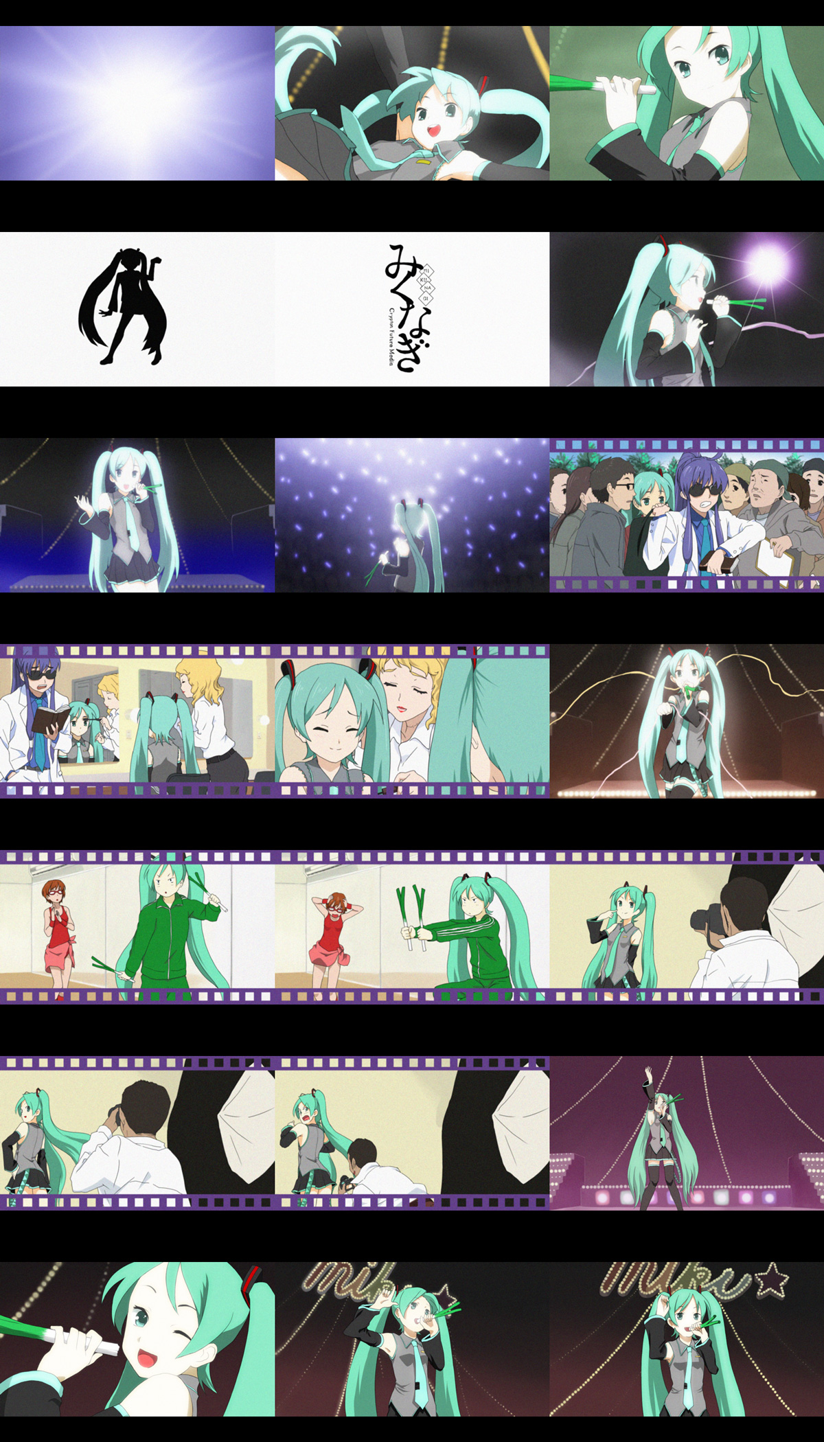 mycomputer, hatsune miku, kannagi, vocaloid, anime screenshot, bad id, bad pixiv id, highres, aqua eyes, aqua hair, camera, detached sleeves, headset, long hair, music, necktie, one eye closed, parody, singing, skirt, spring onion, stage, thighhighs, twintails, very long hair, wink