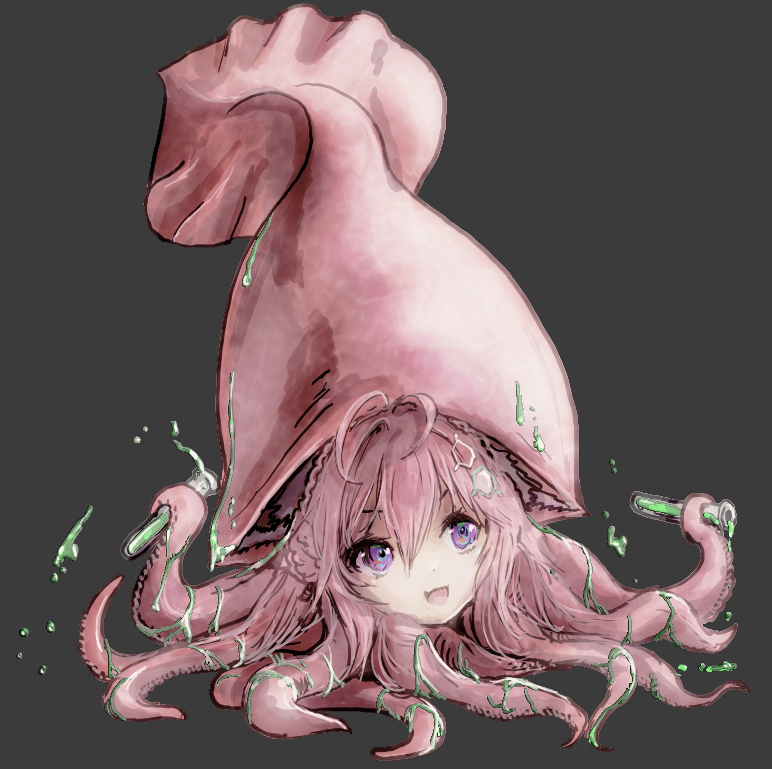 nymph rhythm, hakui koyori, hololive, highres, 1girl, :d, ahoge, braid, hair between eyes, hair ornament, heart, heart-shaped hair, holding, holding test tube, long hair, monster girl, open mouth, pink eyes, pink hair, simple background, smile, solo, tentacle hair, tentacles, test tube, transformation, virtual youtuber, what
