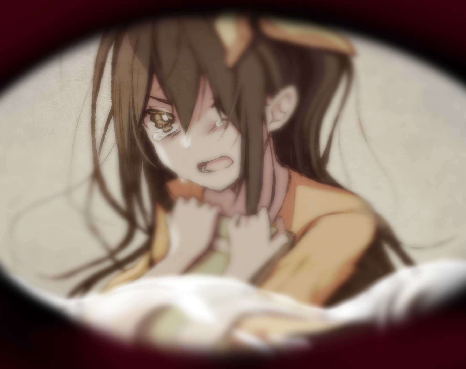 manimani (mani ma), aubrey (faraway) (omori), aubrey (omori), omori, highres, 1girl, aged down, angry, black eyes, black hair, blurry, book, bow, bright pupils, crying, crying with eyes open, hair between eyes, hair bow, hair over one eye, hands up, holding, holding book, jacket, long hair, looking at viewer, lower teeth only, messy hair, open clothes, open jacket, open mouth, orange jacket, shirt, short sleeves, solo, tears, teeth, tongue, upper body, v-shaped eyebrows, white pupils, wide sleeves