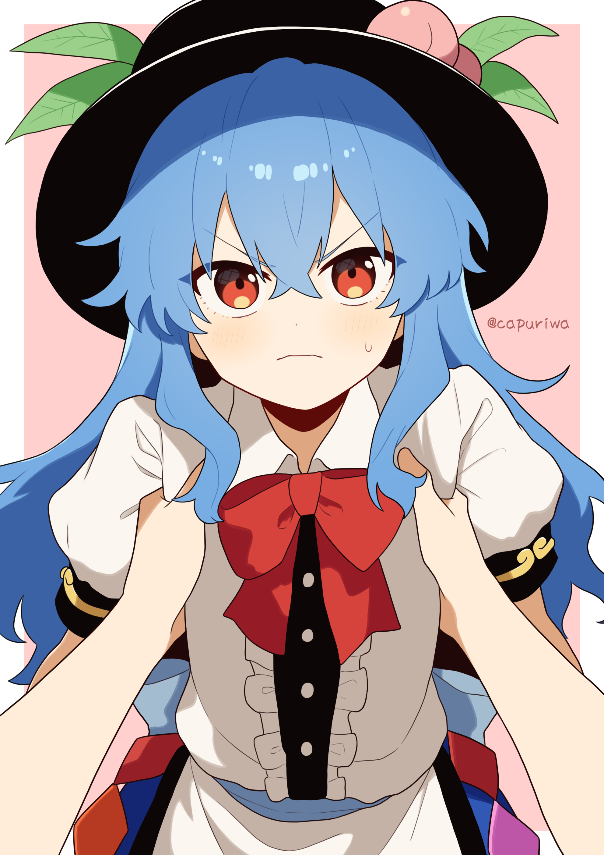 kapuri (capuriwa), hinanawi tenshi, touhou, absurdres, commentary request, highres, 1girl, 1other, apron, armpit carry, black hat, blue hair, blue skirt, blush, bow, bowtie, carrying, carrying person, center frills, closed mouth, collared shirt, frills, hat, hat ornament, leaf hat ornament, long hair, looking at viewer, peach hat ornament, pov, pov hands, puffy short sleeves, puffy sleeves, red bow, red bowtie, red eyes, shirt, short sleeves, skirt, sweatdrop, twitter username, very long hair, waist apron, white apron, white shirt
