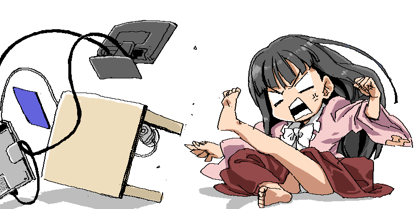 tonbi, houraisan kaguya, touhou, bad id, bad pixiv id, 1girl, anger vein, angry, barefoot, bow, cable, computer, computer mouse, feet, female focus, japanese clothes, kicking, kimono, monitor, neet, oekaki, panties, pantyshot, solo, table, table flip, toes, underwear
