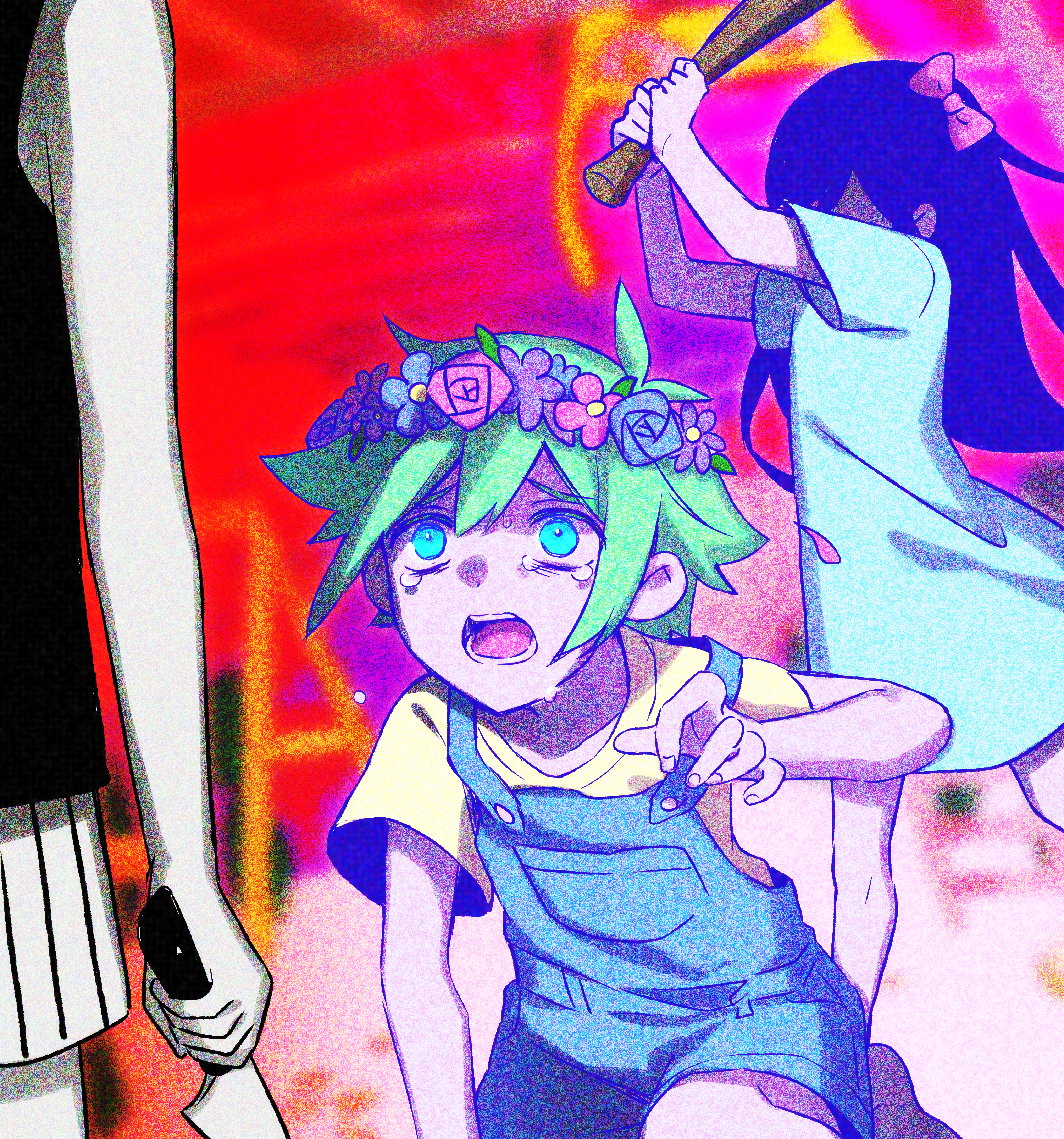 manimani (mani ma), aubrey (headspace) (omori), aubrey (omori), basil (headspace) (omori), basil (omori), big yellow cat (omori), omori (omori), omori, absurdres, highres, spoilers, 1girl, 2boys, antenna hair, arms up, bare arms, bare shoulders, baseball bat, blue dress, blue eyes, blue flower, blue overalls, blue rose, bow, colored skin, cowboy shot, crying, crying with eyes open, double-parted bangs, dress, fingernails, flower, flower wreath, green hair, hair between eyes, hair bow, head wreath, holding, holding knife, knife, long hair, looking at another, multiple boys, open mouth, overall shorts, overalls, pink bow, pink flower, pink rose, purple flower, purple hair, rose, shirt, short hair, short sleeves, shorts, striped clothes, striped shorts, tears, teeth, tongue, vertical-striped clothes, vertical-striped shorts, white shorts, white skin, wide-eyed, yellow shirt