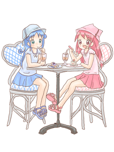 sakuramori sumomo, fine (futagohime), rein (futagohime), fushigiboshi no futago hime, ichigo mashimaro, 2girls, blue hair, cake, casual, chair, eating, food, glass, hat, long hair, low-tied long hair, multiple girls, parody, pastry, red hair, sandals, sitting, skirt, table