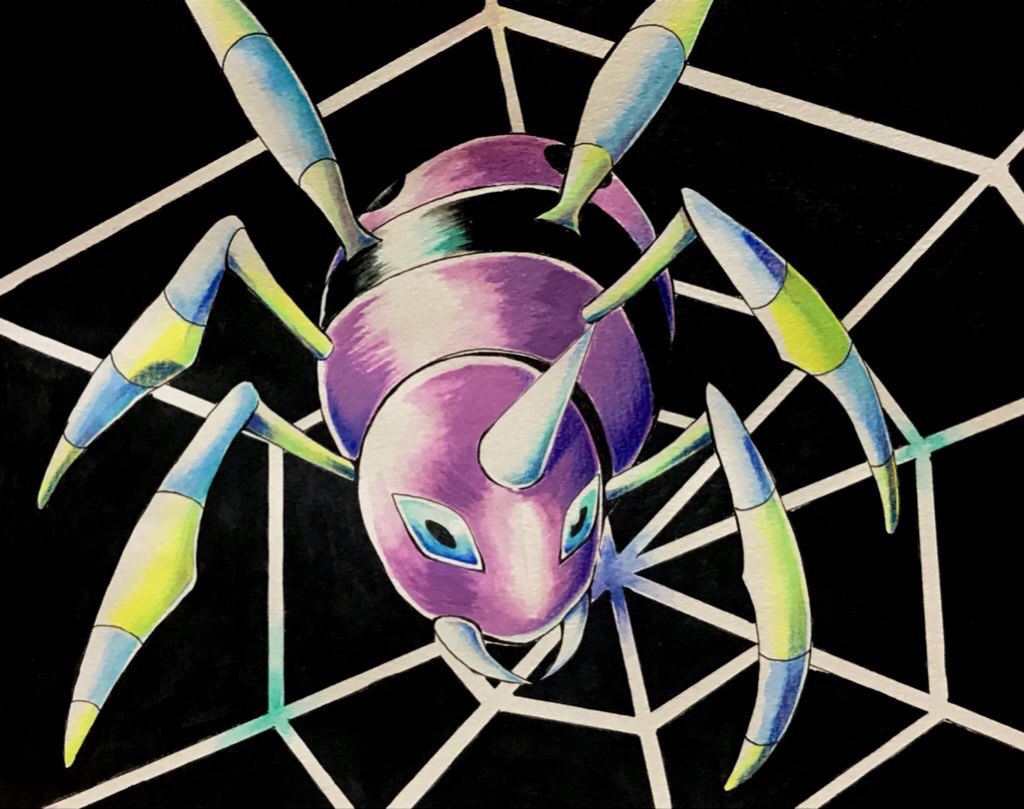 ariados, nintendo, pokemon, alternate color, black background, black eyes, blue sclera, colored sclera, full body, gen 2 pokemon, horns, no humans, pokemon (creature), shiny pokemon, silk, single horn, solo, spider web, yufuko (vintagerose)