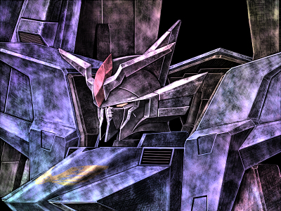 tro (trombe), griepe gundam, gundam, gundam wing, gundam wing dual story: g-unit, bad id, bad pixiv id, lowres, 1990s (style), black background, dark, from side, mecha, no humans, retro artstyle, robot, solo