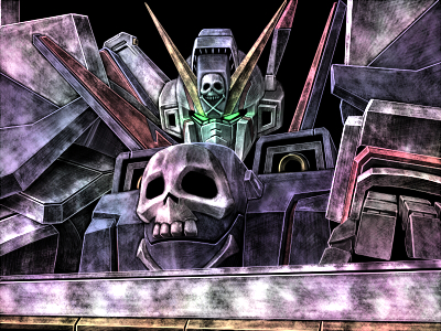 tro (trombe), crossbone gundam x-1, crossbone gundam, gundam, bad id, bad pixiv id, lowres, crossbone x-3, glowing, glowing eyes, mecha, no humans, robot, skull and crossbones, solo, sword, weapon