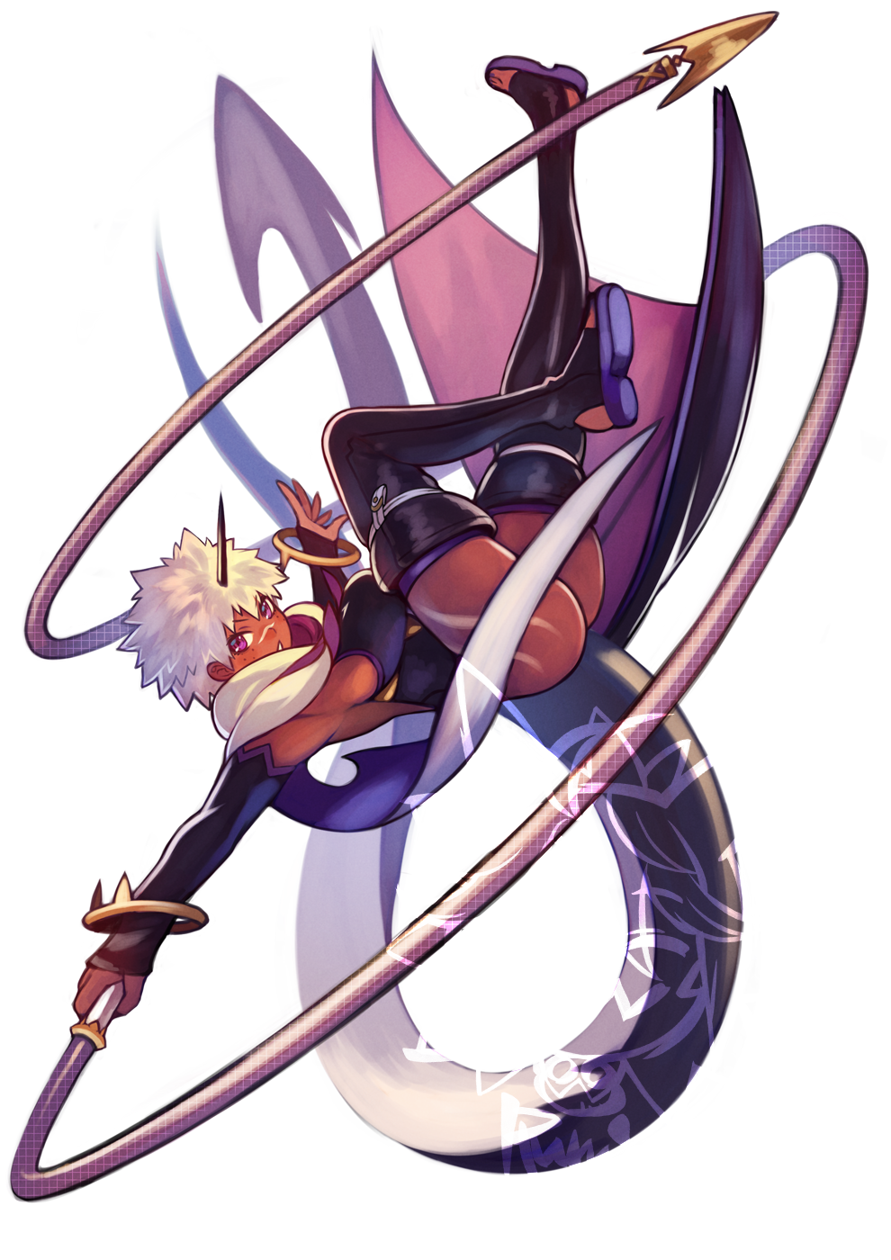 rumie, original, highres, 1girl, ass, bracelet, dark-skinned female, dark skin, detached sleeves, dragon girl, dragon tail, full body, holding, holding whip, horns, jewelry, purple eyes, samya (rumie), scarf, short hair, single horn, solo, tail, thighhighs, very dark skin, very short hair, whip, white background, white hair