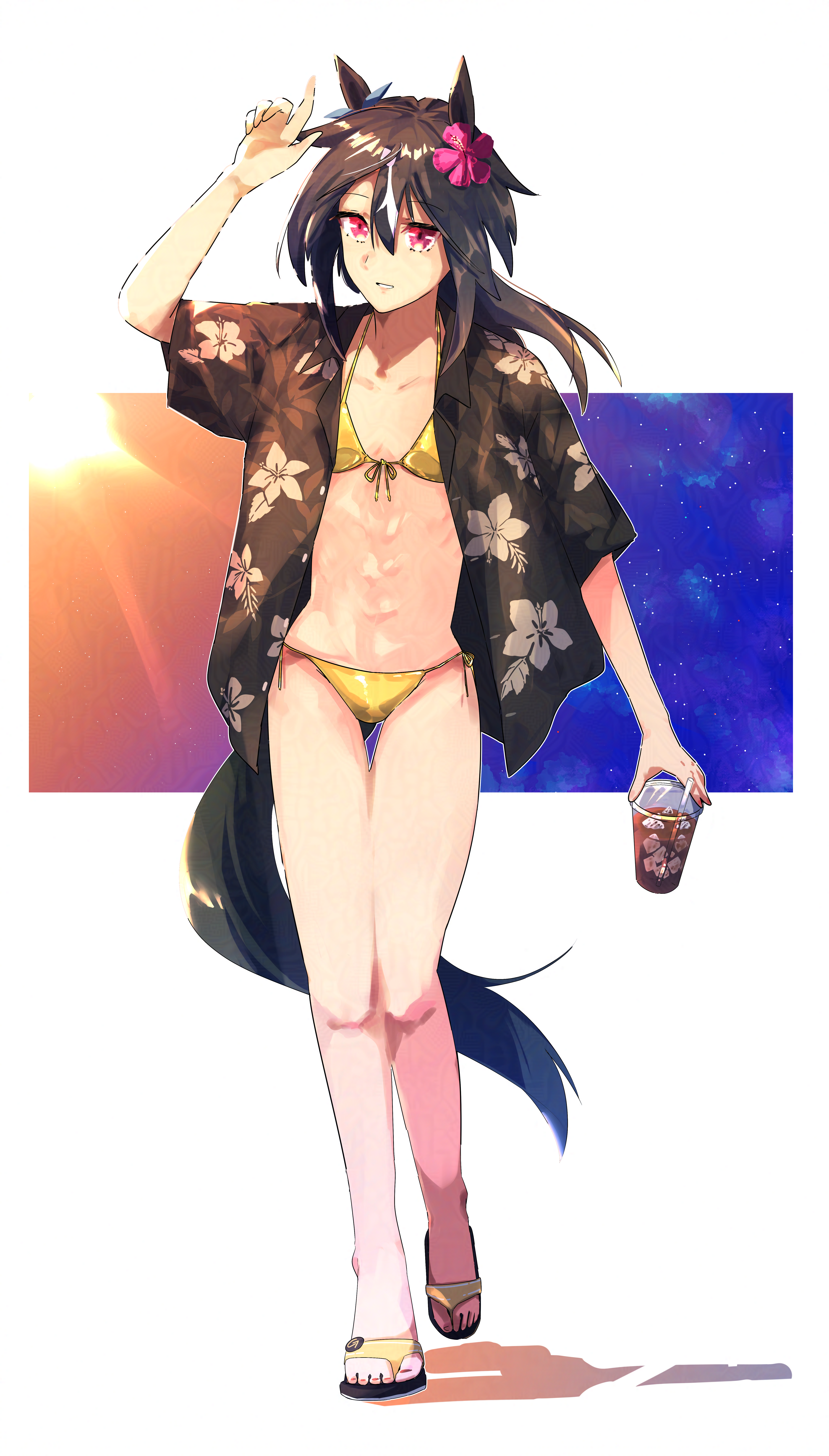 106staygold, stay gold (umamusume), umamusume, absurdres, commentary request, highres, 1girl, animal ears, arm up, bikini, black shirt, blue sky, brown hair, cup, drink, drinking straw, ear ornament, flat chest, floral print, flower, front-tie bikini top, front-tie top, full body, gradient sky, hair between eyes, hair flower, hair ornament, hawaiian shirt, holding, holding cup, horse ears, horse girl, horse tail, ice, ice cube, legs, letterboxed, light smile, medium hair, multicolored hair, orange sky, outside border, parted lips, ponytail, red eyes, sandals, shirt, short sleeves, side-tie bikini bottom, sky, solo, star (sky), starry sky, stomach, streaked hair, sun, sunlight, swimsuit, tail, walking, white hair, white mouth, yellow bikini