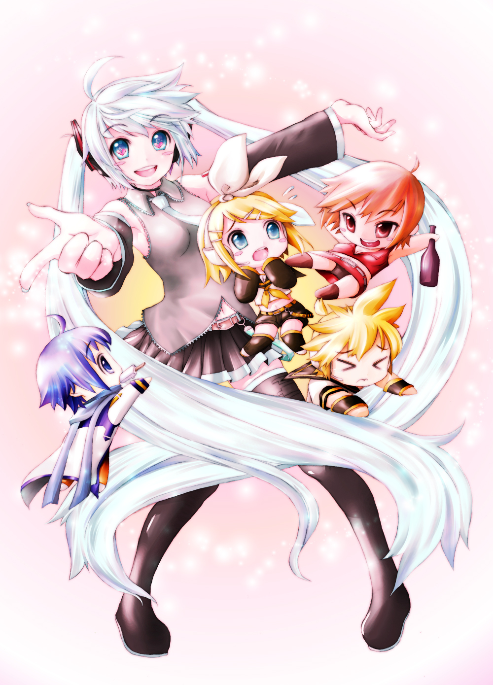 hana saki, hanasaki, hatsune miku, kagamine len, kagamine rin, kaito (vocaloid), meiko (vocaloid), vocaloid, bad id, bad pixiv id, highres, 2boys, 3girls, blonde hair, blue eyes, blue hair, chibi, detached sleeves, headset, heart, long hair, multiple boys, multiple girls, navel, necktie, orange hair, panties, pantyshot, pointing, red eyes, short hair, skirt, smile, thighhighs, twintails, underwear, very long hair