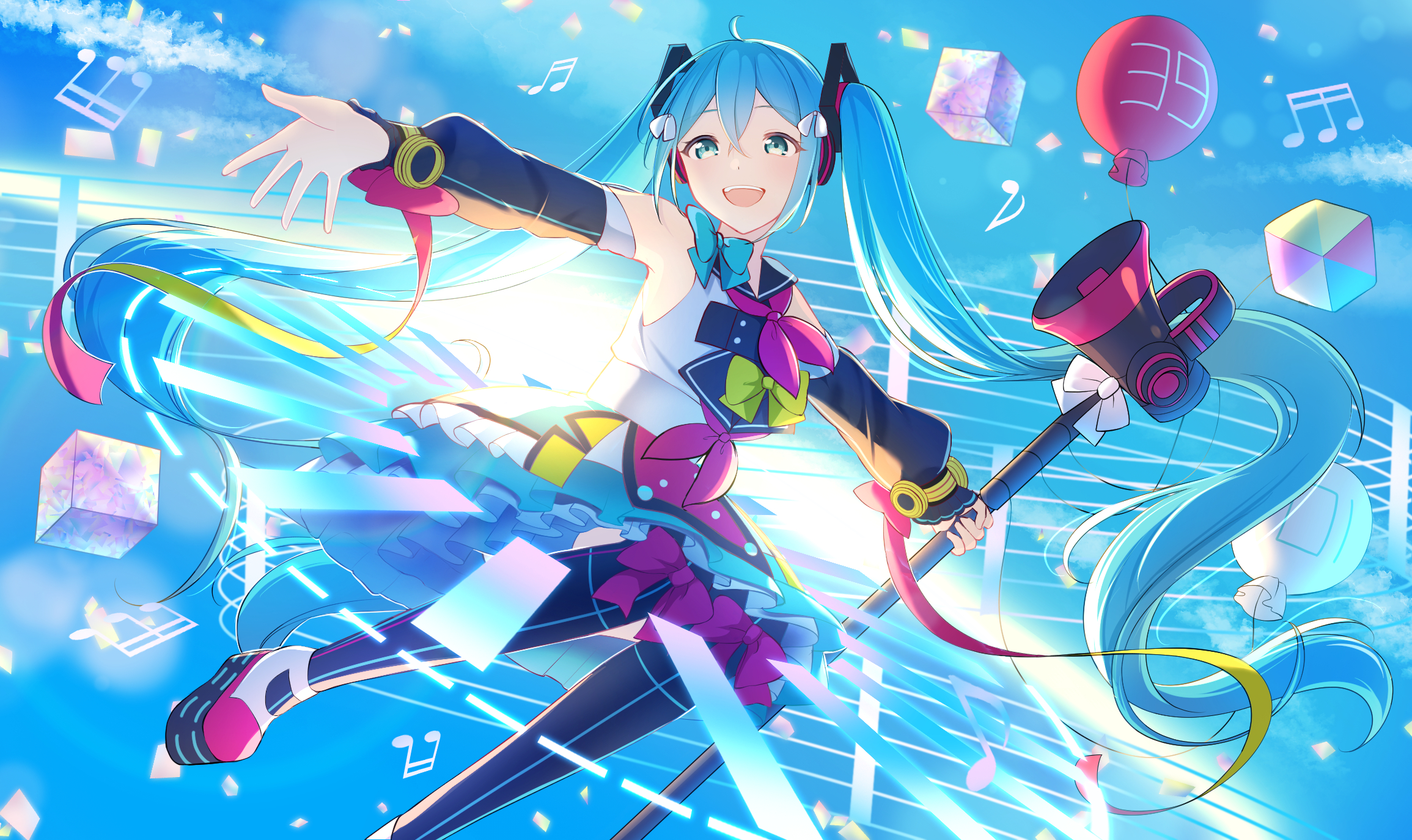 yomomo14, hatsune miku, magical mirai miku, magical mirai miku (2018), magical mirai (vocaloid), vocaloid, highres, 39, ahoge, aqua bow, aqua eyes, aqua hair, balloon, black sailor collar, bow, detached sleeves, dress, holding, holding megaphone, long sleeves, looking at viewer, megaphone, official alternate costume, official alternate hairstyle, open mouth, pink bow, sailor collar, smile, white dress, yellow bow