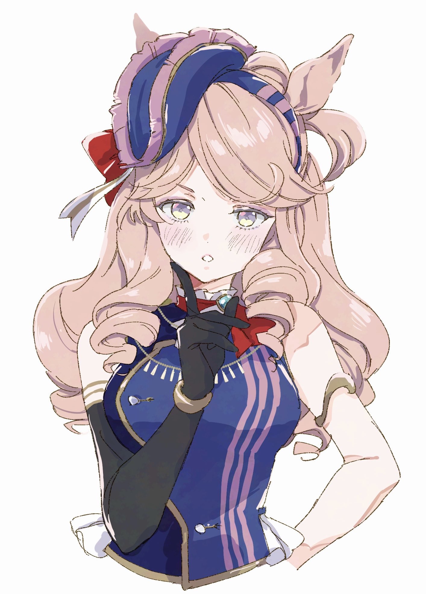 yoiisand, montjeu (umamusume), umamusume, highres, animal ears, bare shoulders, black gloves, blue eyes, blue shirt, blush, bow, breasts, brown hair, dixie cup hat, ear bow, ear ornament, elbow gloves, gloves, hair between eyes, hat, horse ears, horse girl, long hair, looking at viewer, medium breasts, military hat, parted lips, shirt, simple background, single elbow glove, single glove, sleeveless, sleeveless shirt, tilted headwear, upper body, white background