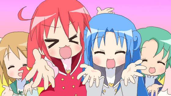 sakuramori sumomo, fine (futagohime), miruro, rein (futagohime), sophie (futagohime), fushigiboshi no futago hime, fushigiboshi no futago hime gyu, lucky star, motteke! serafuku, > <, 4girls, blue hair, brown hair, closed eyes, green hair, multiple girls, parody, red hair