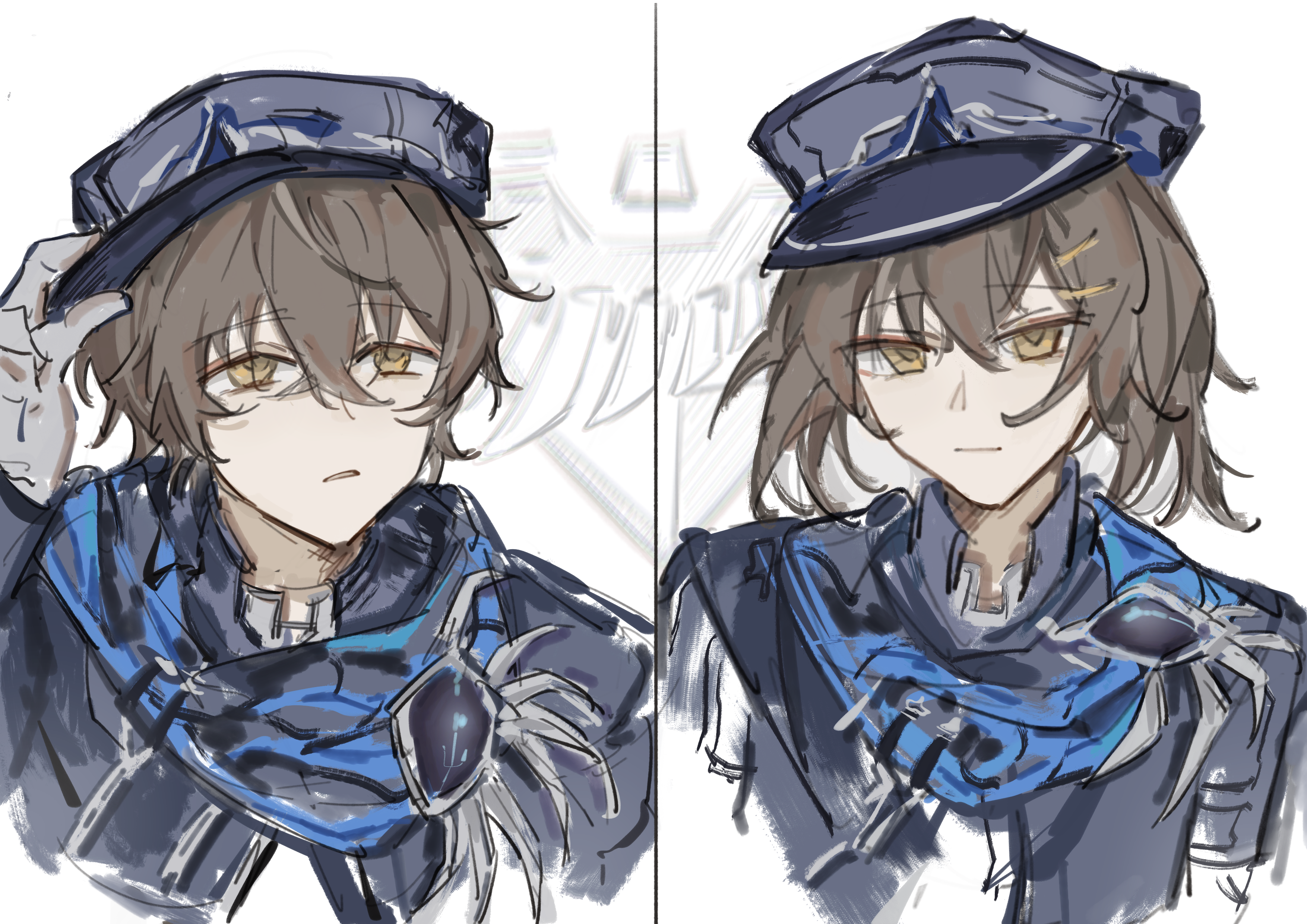 commandant (pgr), female rover (wuthering waves), male rover (wuthering waves), rover (wuthering waves), punishing: gray raven, wuthering waves, absurdres, chinese commentary, commentary request, highres, 1boy, 1girl, alternate costume, black hair, black jacket, blue scarf, closed mouth, dual persona, hair between eyes, hat, jacket, kuro games, looking at viewer, mijiu163, scarf, upper body, yellow eyes
