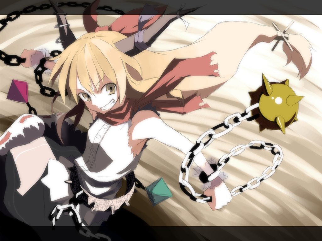 kasuga ayumu (artist), kasuga ayumu (haruhipo), ibuki suika, touhou, bad id, bad pixiv id, 1girl, brown eyes, female focus, horns, long hair, orange hair, solo