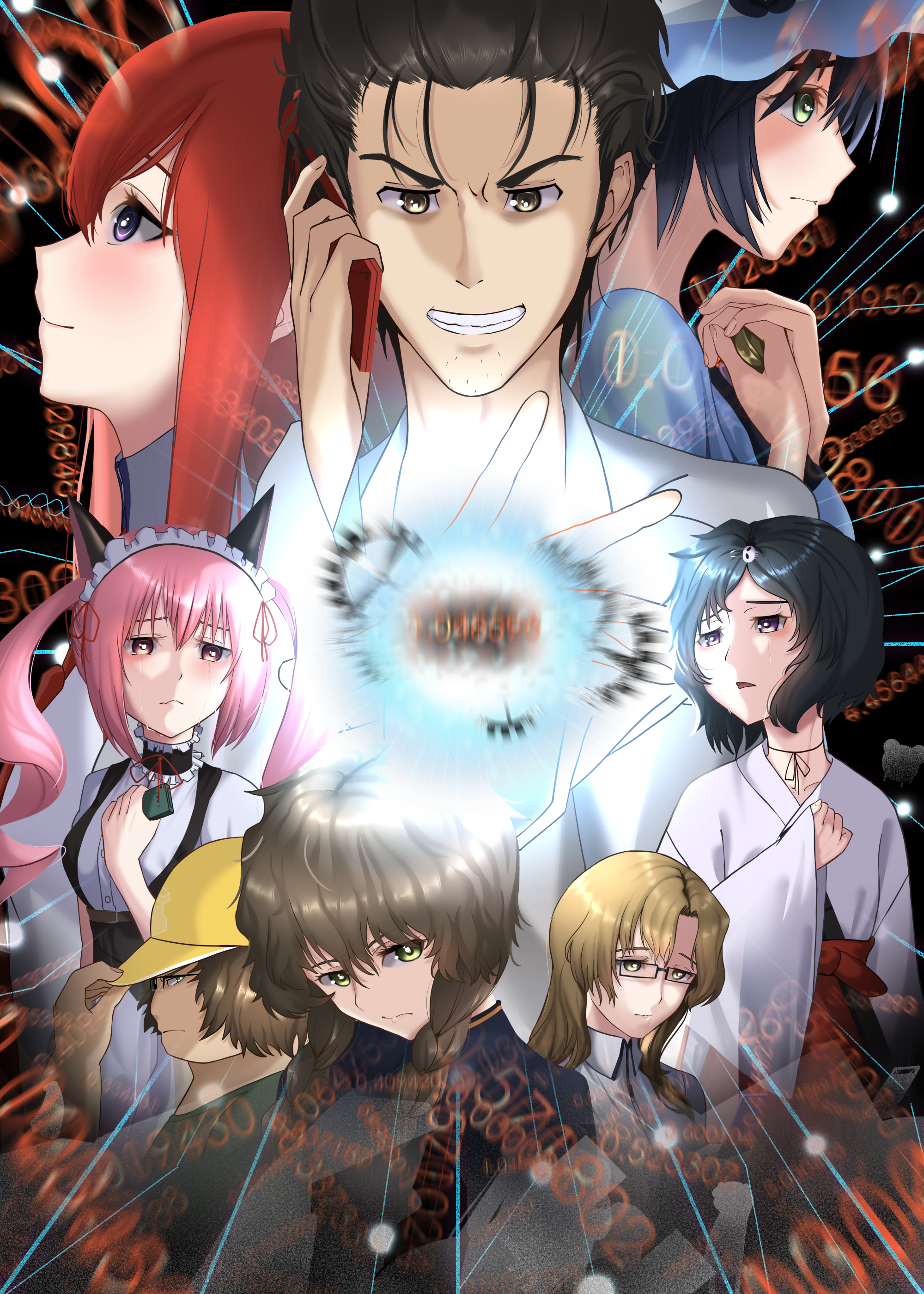 akiha rumiho, amane suzuha, hashida itaru, kiryuu moeka, makise kurisu, okabe rintarou, shiina mayuri, urushibara luka, science adventure, steins;gate, absurdres, highres, 1boy, black hair, braid, cellphone, dress, drill hair, facial hair, fat, fat man, flip phone, hat, jacket, lab coat, long hair, maid, multiple girls, open mouth, phone, ribbon-trimmed hairband, short hair, smile, stubble, track jacket, twin braids, twin drills, user vnfk4823