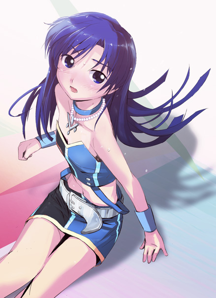 misagi nagu, kisaragi chihaya, idolmaster, idolmaster (classic), 00s, 1girl, belt, blue hair, choker, cool & sexy (idolmaster), female focus, jewelry, long hair, midriff, miniskirt, necklace, pendant, skirt, solo, wristband