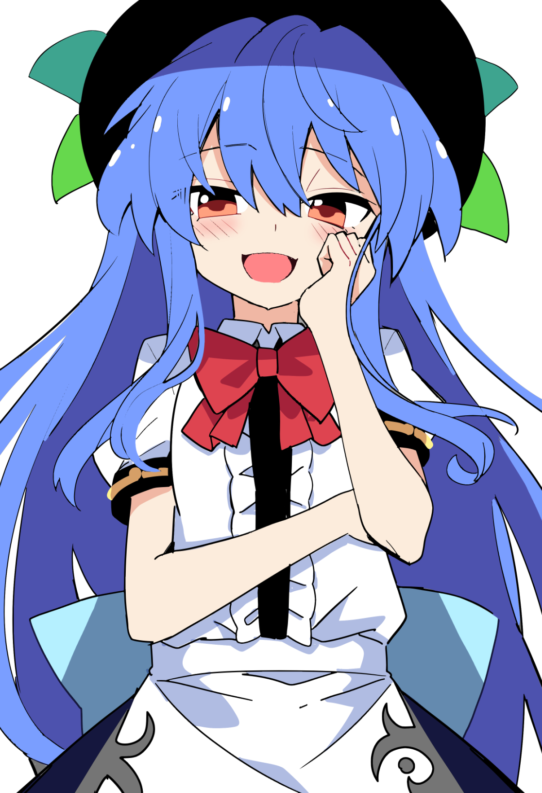 e.o., hinanawi tenshi, touhou, commentary request, highres, 1girl, apron, back bow, black hat, blue bow, blue hair, blush, bow, bowtie, center frills, collared shirt, frills, hand on own cheek, hand on own face, hat, hat ornament, leaf hat ornament, long hair, looking at viewer, open mouth, puffy short sleeves, puffy sleeves, red bow, red bowtie, red eyes, shirt, short sleeves, simple background, smile, solo, very long hair, waist apron, white apron, white background, white shirt