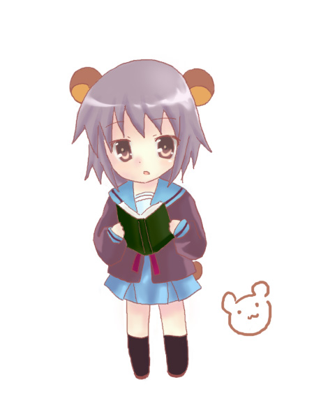 sakuramori sumomo, nagato yuki, suzumiya haruhi no yuuutsu, 00s, animal ears, bear ears, book, chibi, purple hair, school uniform, serafuku, short hair, solo, tail