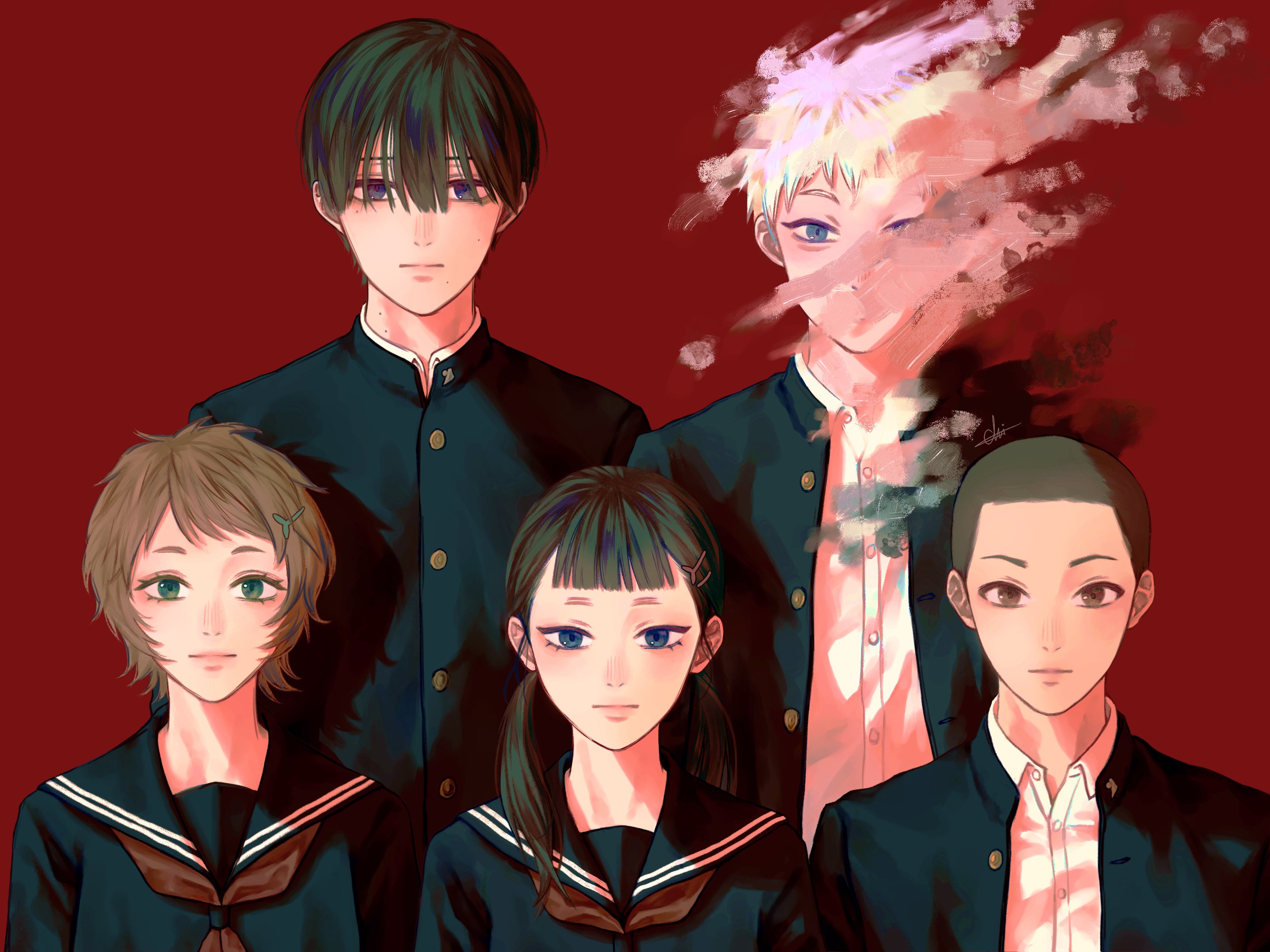 indou hikaru, maki yuuta, tadokoro yuuki, tsujinaka yoshiki, yamagishi asako, hikaru ga shinda natsu, highres, 2girls, 3boys, black hair, blue eyes, brown eyes, buttons, closed mouth, gakuran, green eyes, griffithjo52136, looking at viewer, mole, mole on cheek, mole on neck, mole under eye, mole under mouth, multiple boys, multiple girls, multiple moles, red background, school uniform, shirt, short hair, upper body, very short hair, white hair, white shirt