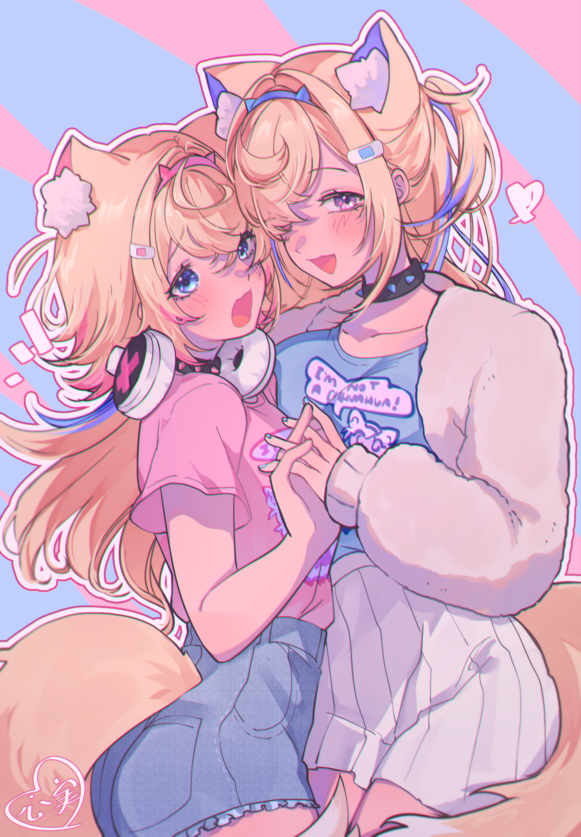 kokomi (aniesuakkaman), fuwawa abyssgard, mococo abyssgard, hololive, hololive english, absurdres, highres, 2girls, ahoge, animal ear fluff, animal ears, bandaid, bandaid hair ornament, black choker, blonde hair, blue background, blue eyes, blue hair, blue hairband, blue nails, blue shirt, blue shorts, blush, choker, clothing cutout, coat, collarbone, crossed bangs, denim, denim shorts, dog ears, dog girl, dog tail, double-parted bangs, fake horns, hair intakes, hair ornament, hair over one eye, hairband, hairclip, headphones, headphones around neck, high-waist shorts, holding hands, horns, long hair, looking at another, looking at viewer, multicolored hair, multiple girls, nail polish, one side up, open mouth, pink background, pink eyes, pink shirt, pink streaks, shirt, shirt tucked in, shorts, siblings, sisters, spiked choker, spikes, streaked hair, striped background, tail, tail through clothes, twins, virtual youtuber, white coat, white shorts