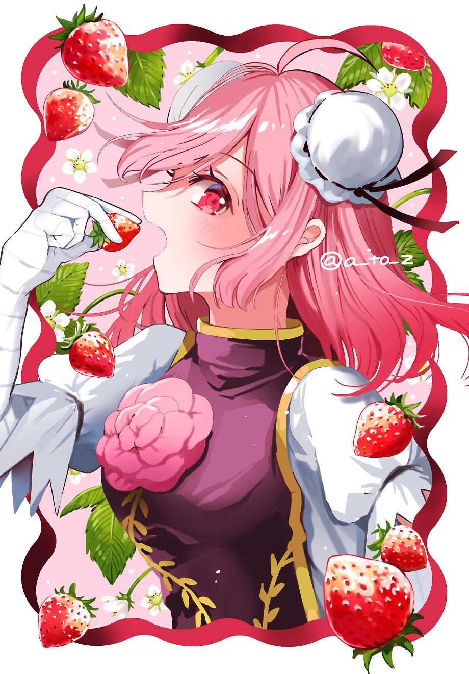 azuma aya, ibaraki kasen, touhou, commentary, highres, symbol-only commentary, 1girl, bandaged arm, bandaged hand, bandages, blush, breasts, double bun, eating, flower, flower on chest, food, fruit, hair bun, holding, holding food, holding fruit, medium breasts, medium hair, open mouth, pink background, pink flower, pink hair, profile, puffy short sleeves, puffy sleeves, purple tabard, red eyes, red ribbon, ribbon, ribbon border, shirt, short sleeves, solo, strawberry, tabard, twitter username, upper body, white flower, white shirt