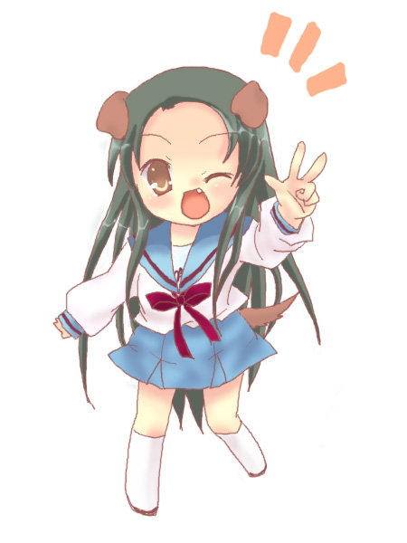 sakuramori sumomo, tsuruya, suzumiya haruhi no yuuutsu, 00s, animal ears, chibi, dog ears, fang, green hair, long hair, one eye closed, school uniform, serafuku, solo, tail, very long hair, wink