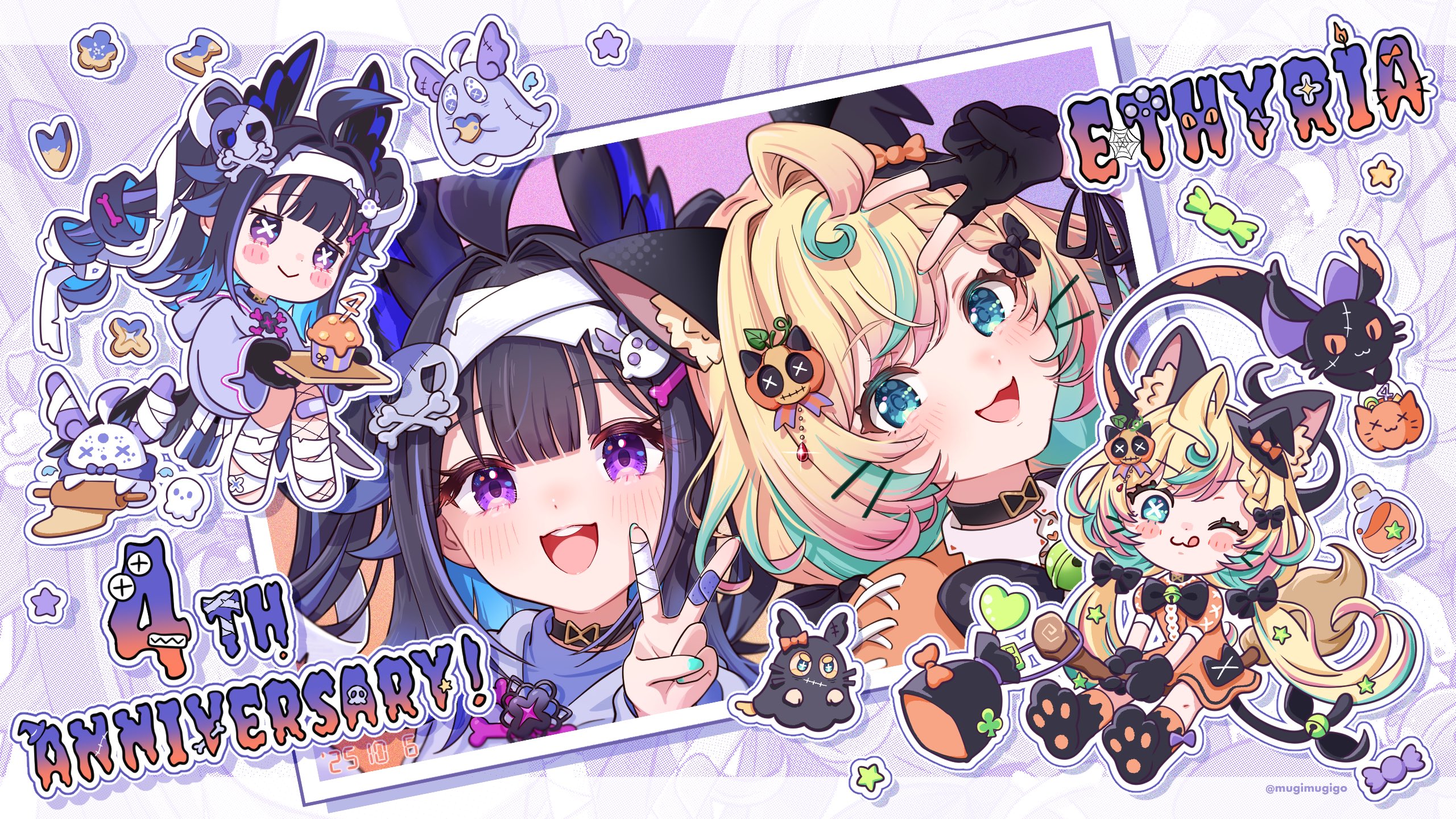 mugimugigo, aloupeep (enna alouette), enna alouette, famillie (millie parfait), lucie (millie parfait), millie parfait, ethyria, nijisanji, nijisanji en, commentary, english commentary, highres, 2girls, :>, :d, ;3, ;q, ahoge, animal ear fluff, animal ears, aqua eyes, aqua hair, artist name, bandage on finger, bandage on hair, bandage on leg, bird tail, black choker, black gloves, blonde hair, blue hair, blunt bangs, blush, blush stickers, candy, cat ears, chibi, choker, colored inner hair, cross-shaped pupils, cupcake, dated, enna alouette (decora), fishnet thighhighs, fishnets, food, ghost costume, gloves, hair intakes, halloween, happy anniversary, hat, head wings, inset, long hair, looking at viewer, mini hat, multicolored hair, multiple girls, one eye closed, open mouth, purple eyes, purple hair, single thighhigh, smile, streaked hair, symbol-shaped pupils, tail, thighhighs, tongue, tongue out, twitter username, two side up, v, virtual youtuber, wings, witch hat, wolf cut, x x