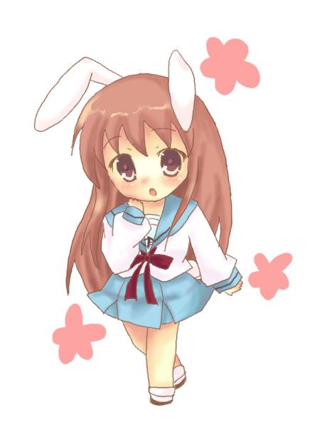 sakuramori sumomo, asahina mikuru, suzumiya haruhi no yuuutsu, 00s, animal ears, brown hair, chibi, long hair, rabbit ears, school uniform, serafuku, solo