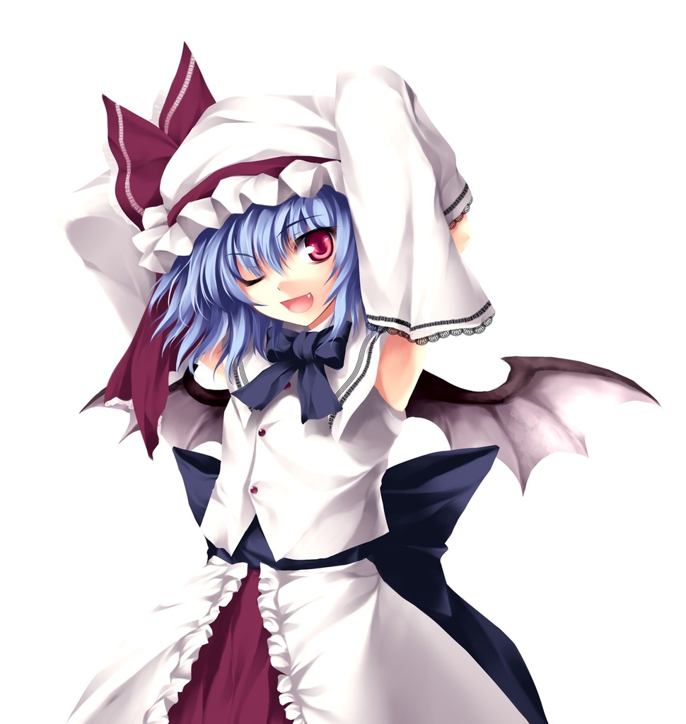 tateha (marvelous grace), remilia scarlet, touhou, duplicate, 1girl, ;d, alternate costume, bat wings, black bow, blue hair, bow, buttons, collared shirt, detached sleeves, fang, female focus, frilled skirt, frills, hat, hat ribbon, mob cap, one eye closed, open mouth, red eyes, red ribbon, ribbon, sash, shirt, shirt bow, short hair, simple background, skirt, sleeveless, sleeveless shirt, smile, solo, white background, white hat, white shirt, white sleeves, wings, wink