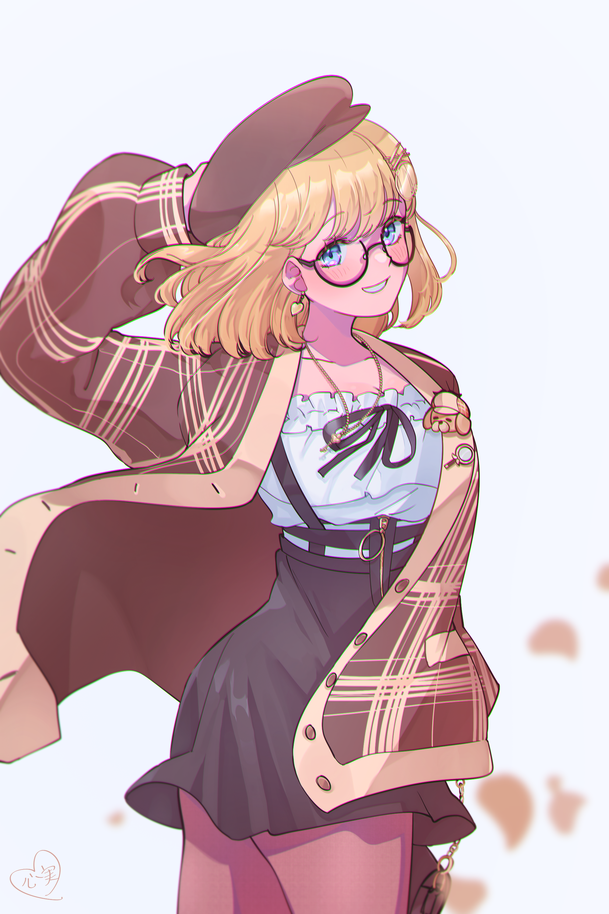 kokomi (aniesuakkaman), watson amelia, watson amelia (street casual), hololive, hololive english, absurdres, highres, 1girl, arm up, bag, black-framed eyewear, black skirt, blonde hair, blue eyes, blush, bob cut, brown pantyhose, chromatic aberration, coat, collarbone, cowboy shot, earrings, falling leaves, fashion, french girly, frilled shirt, frills, glasses, hand on own head, handbag, heart, heart earrings, jewelry, key, key necklace, leaf, looking at viewer, magnifying glass, necklace, off-shoulder shirt, off shoulder, official alternate costume, official alternate hairstyle, open mouth, pantyhose, plaid clothes, plaid coat, semi-rimless eyewear, shirt, short hair, skirt, smile, solo, twisted torso, under-rim eyewear, virtual youtuber, white shirt, zipper skirt