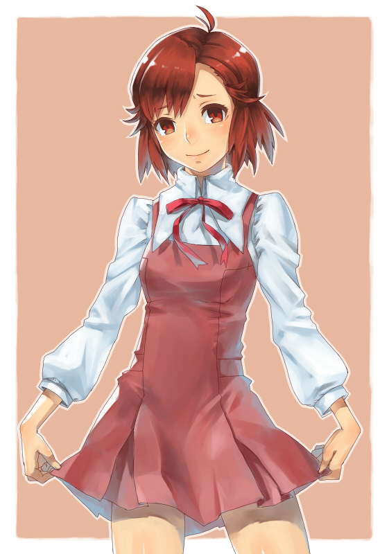nidy, aoba tsugumi, kannagi, 00s, 1girl, female focus, red eyes, red hair, school uniform, short hair, skirt hold, smile, solo
