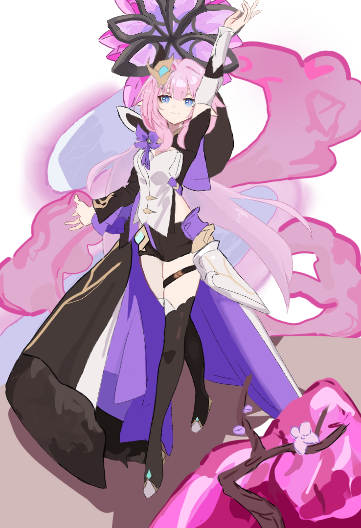 elysia (honkai impact), honkai (series), honkai impact 3rd, chinese commentary, commentary request, 1girl, black boots, black shorts, blue eyes, boots, breasts, cape, corset, crystal, elf, hair ornament, long hair, pink hair, pointy ears, short shorts, shorts, small breasts, smile, solo, thigh boots, thighs, very long hair, white corset, zhuhuofeie57305