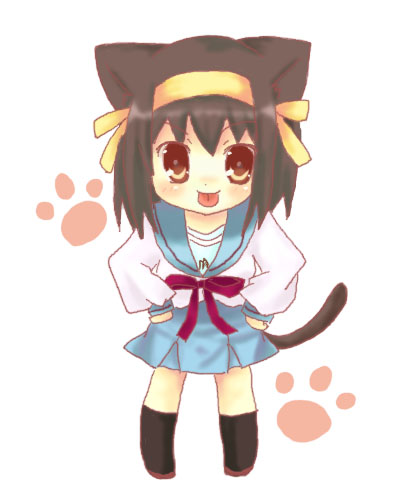 sakuramori sumomo, suzumiya haruhi, suzumiya haruhi no yuuutsu, lowres, 00s, animal ears, brown hair, cat ears, cat tail, chibi, school uniform, serafuku, solo, tail, tongue