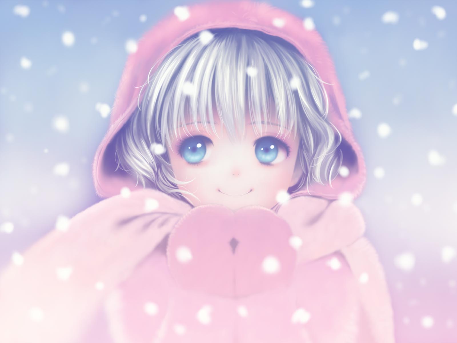toshi hiroshi, hinaichigo, rozen maiden, highres, 00s, blonde hair, blue eyes, hood, mittens, short hair, smile, snow, solo
