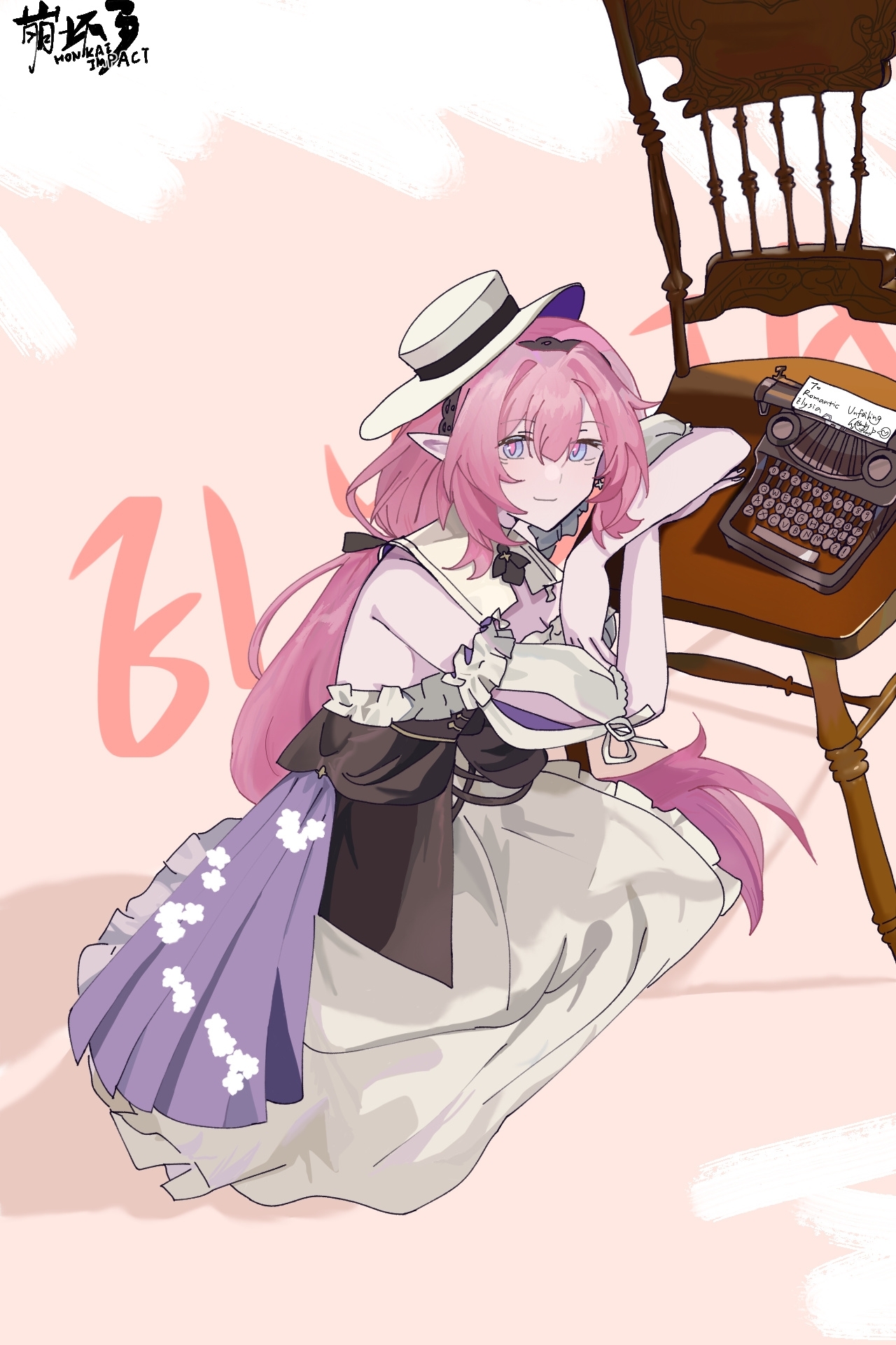 elysia (honkai impact), elysia (sweet memories) (honkai impact), honkai (series), honkai impact 3rd, chinese commentary, commentary request, highres, 1girl, blue eyes, breasts, chair, character name, cleavage, copyright name, dress, hat, large breasts, official alternate costume, pink hair, smile, solo, tilted headwear, typewriter, white dress, white hat, zhuhuofeie57305
