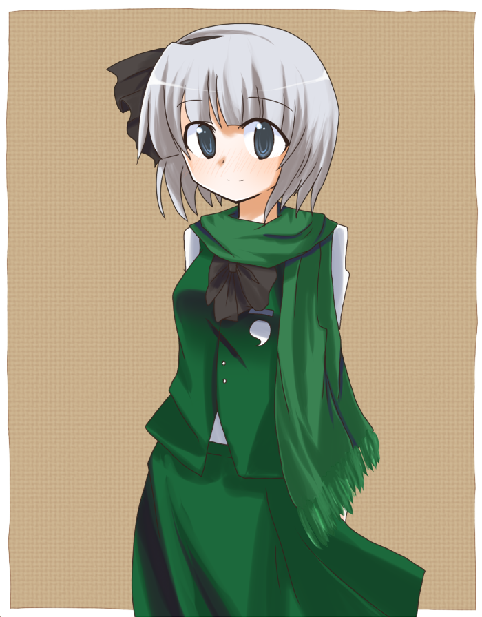 so ya, konpaku youmu, touhou, silver hair, bad id, bad pixiv id, 1girl, female focus, scarf, short hair, skirt, solo
