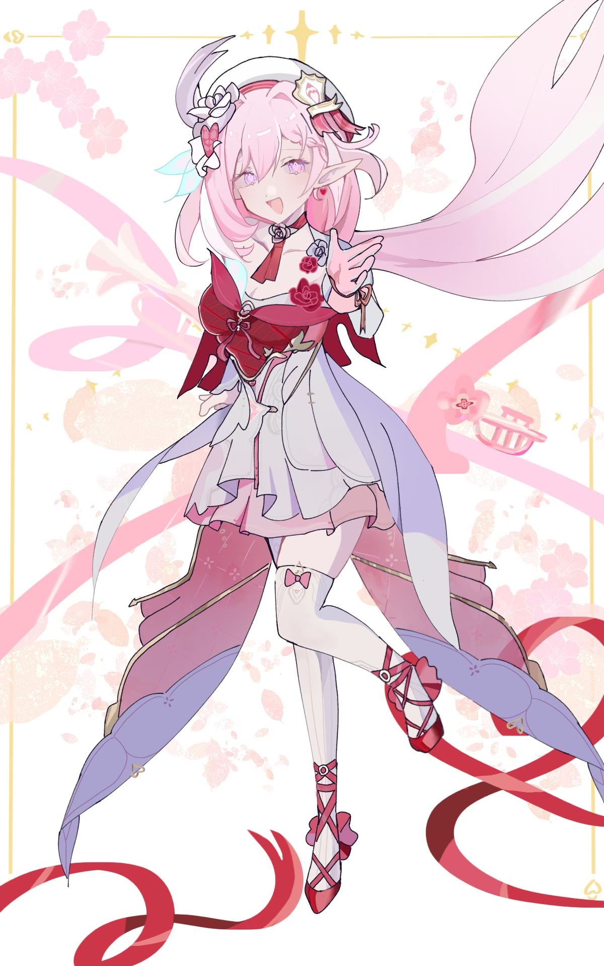elysia (hi love elf) (honkai impact), elysia (honkai impact), honkai (series), honkai impact 3rd, chinese commentary, commentary request, highres, 1girl, beret, breasts, cleavage, diamond-shaped pupils, diamond (shape), dress, earrings, elf, gloves, hat, heart, heart earrings, instrument, jewelry, long hair, looking at viewer, medium breasts, multicolored hair, open mouth, pink gloves, pink hair, pointy ears, purple eyes, red dress, smile, solo, symbol-shaped pupils, trumpet, two-tone background, two-tone hair, very long hair, white background, white dress, white hair, zhuhuofeie57305