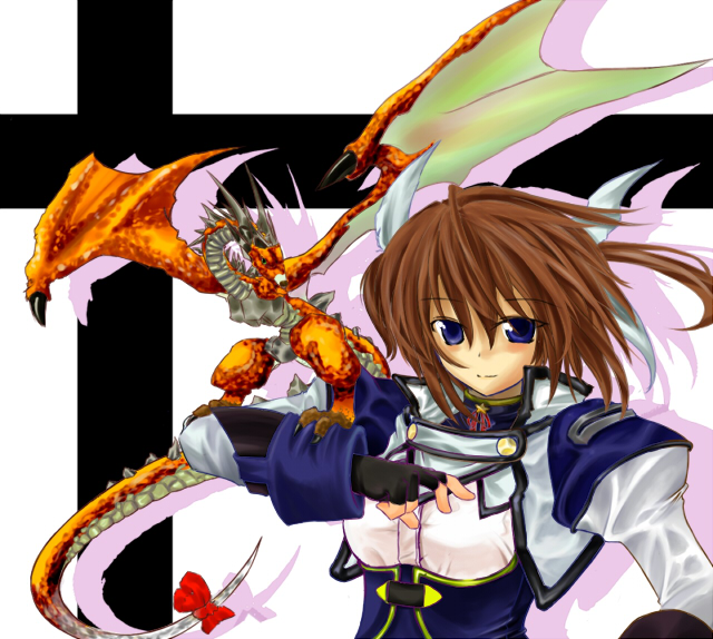 takamachi nanoha, lyrical nanoha, mahou shoujo lyrical nanoha, 00s, 1girl, alternate costume, armor, breastplate, brown hair, dragon, female focus, fingerless gloves, gloves, jacket, long sleeves, looking at viewer, magical girl, military, military uniform, monster, on shoulder, open clothes, open jacket, red hair, scales, short hair, solo, twintails, upper body, wings