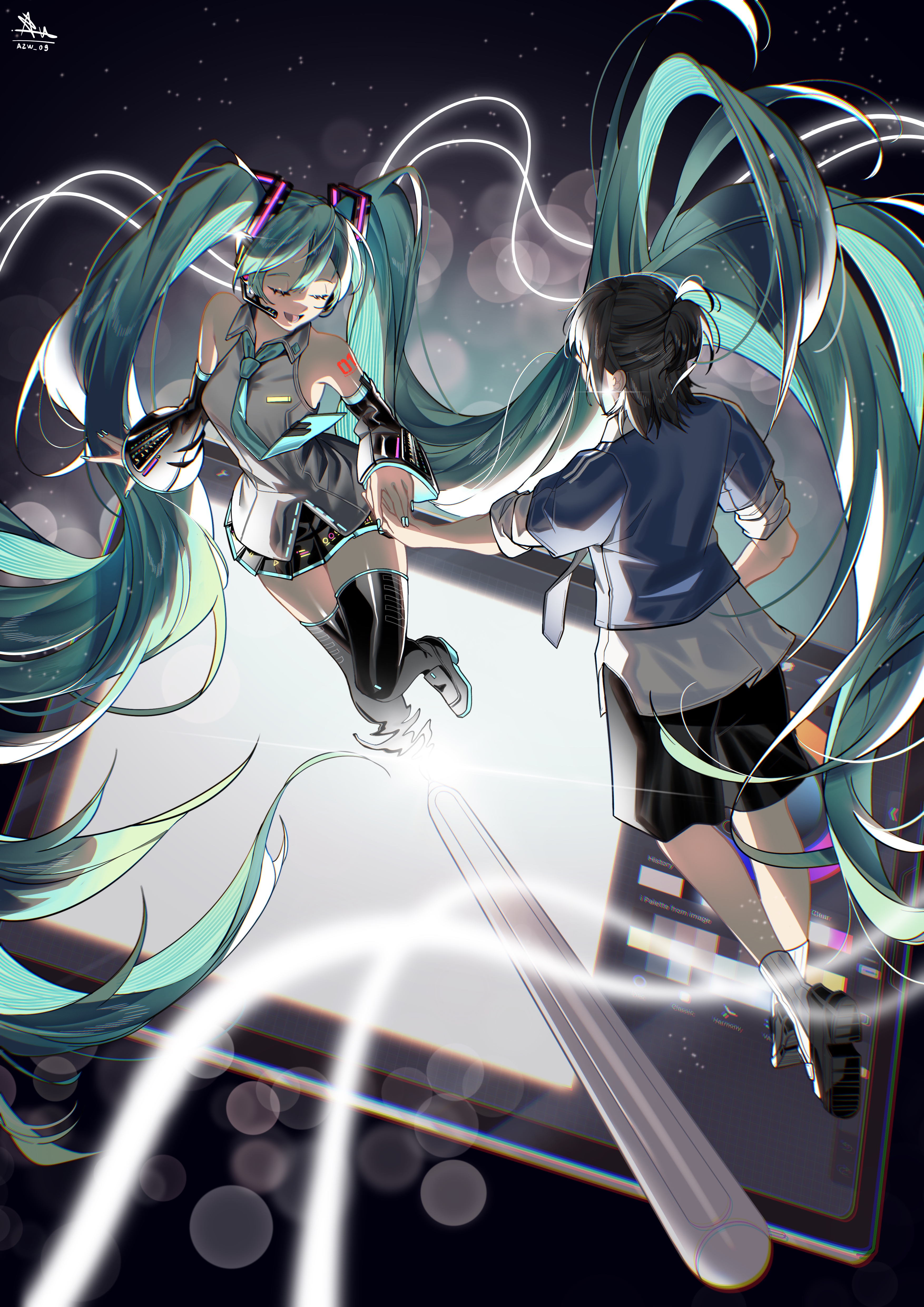 azw 0901, hatsune miku, master (vocaloid), vocaloid, absurdres, highres, 1boy, 1girl, aqua hair, aqua nails, aqua necktie, aqua trim, arm tattoo, black hair, black shorts, black skirt, blue shirt, boots, breasts, collared shirt, detached sleeves, drawing tablet, grey shirt, hair between eyes, hair ornament, headset, holding, holding hands, lens flare, long hair, long sleeves, medium breasts, miniskirt, necktie, number tattoo, open mouth, pleated skirt, shirt, shorts, skirt, smile, stylus, tattoo, thigh boots, through medium, through screen, twintails, very long hair, wide sleeves