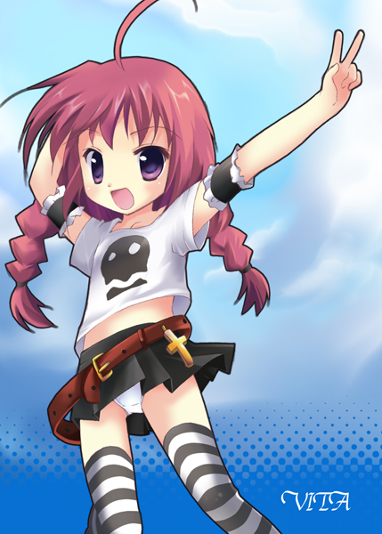 vita (nanoha), lyrical nanoha, mahou shoujo lyrical nanoha, mahou shoujo lyrical nanoha a's, 00s, 1girl, female focus, panties, shirt, solo, striped clothes, striped thighhighs, t-shirt, thighhighs, underwear