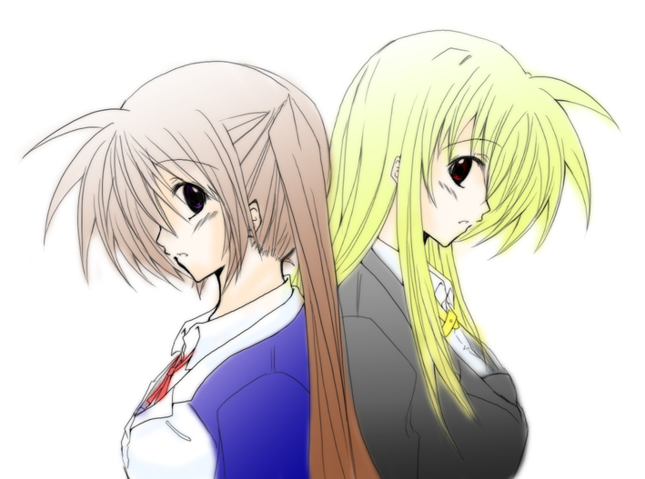 fate testarossa, takamachi nanoha, lyrical nanoha, mahou shoujo lyrical nanoha, mahou shoujo lyrical nanoha strikers, 00s, 2girls, back-to-back, blonde hair, blush, long sleeves, looking at viewer, military, military uniform, multiple girls, side ponytail, sidelocks, simple background, white background