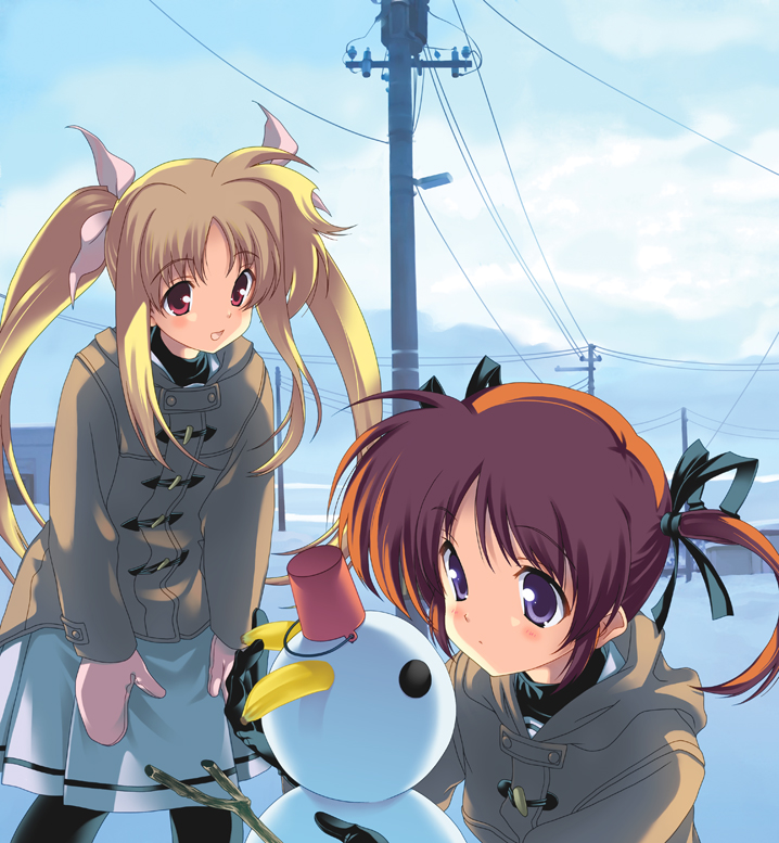 kugajou takaya, naruse hirofumi, fate testarossa, takamachi nanoha, lyrical nanoha, mahou shoujo lyrical nanoha, mahou shoujo lyrical nanoha a's, 00s, 2girls, banana, blonde hair, blue eyes, coat, food, fruit, gloves, hair ribbon, multiple girls, pantyhose, purple eyes, red eyes, ribbon, school uniform, short hair, snow, snowman, twintails