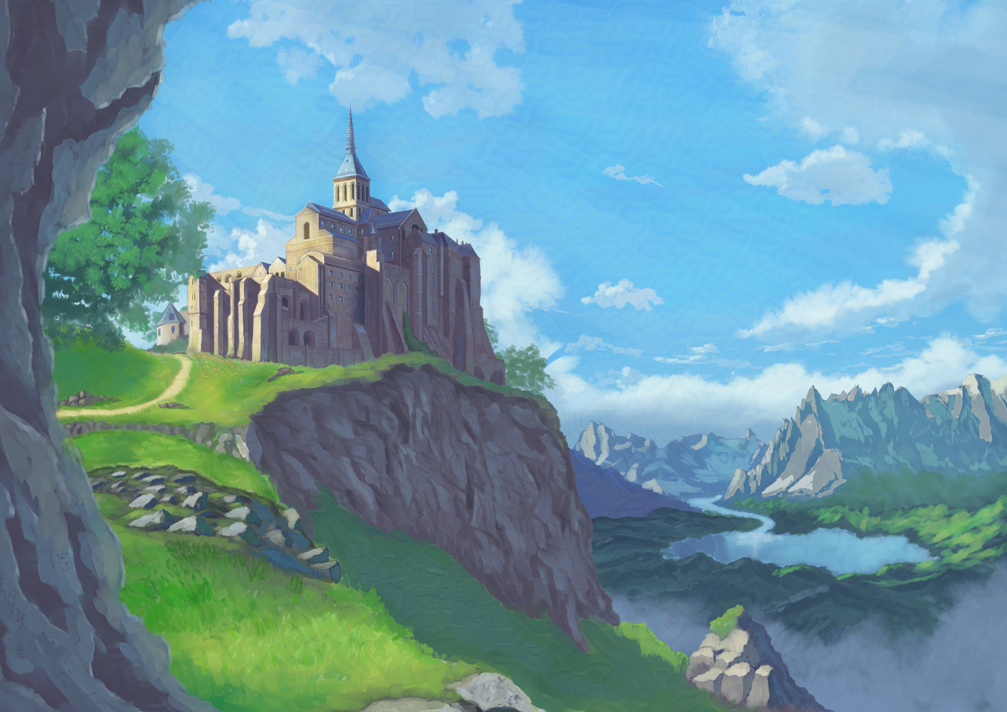 original, absurdres, commentary request, highres, blue sky, building, castle, cliff, cloud, day, lake, landscape, mountain, no humans, outdoors, path, rabo drawing, river, road, scenery, sky