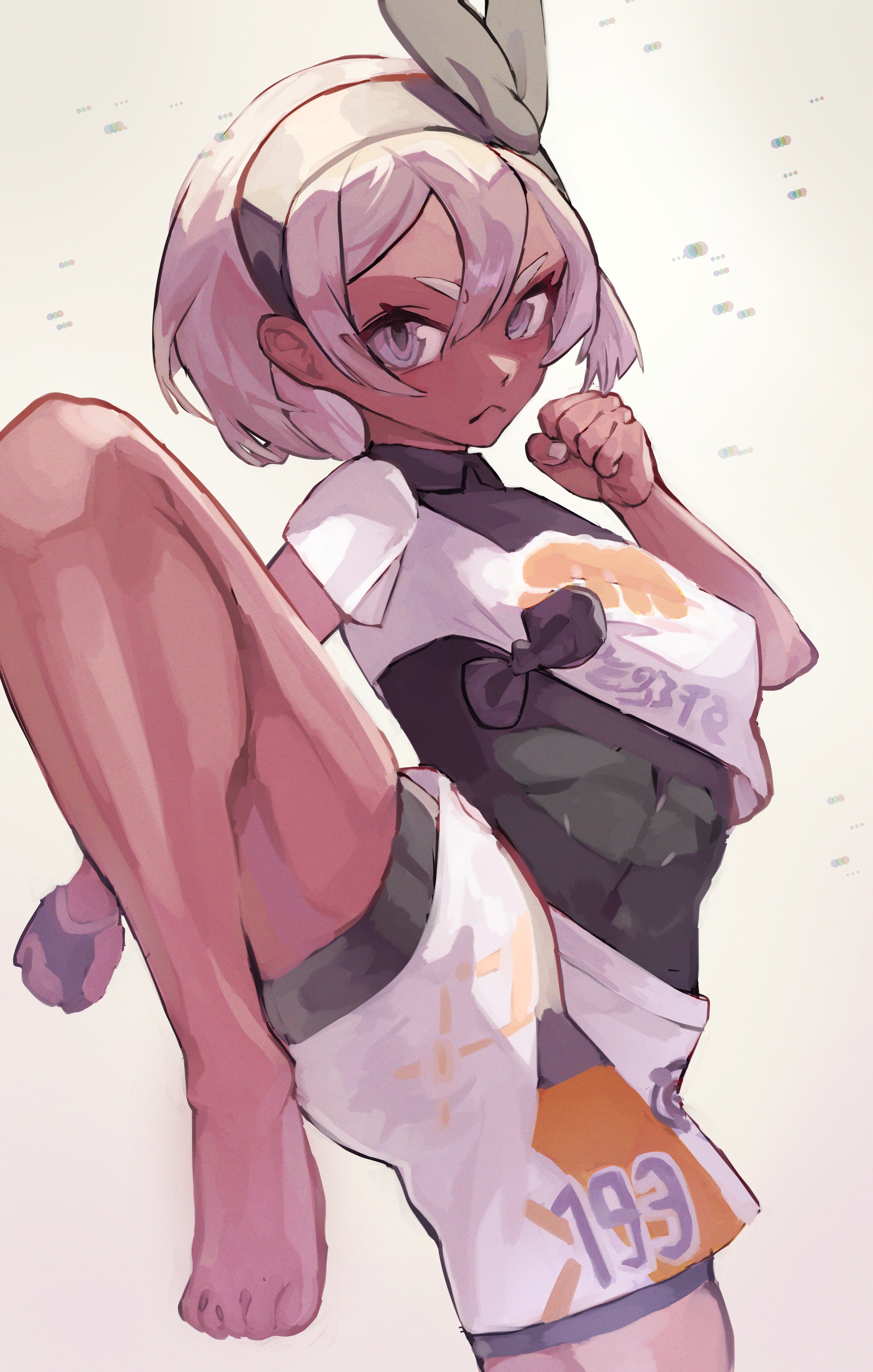 rasoso (wyzx4524), bea (pokemon), nintendo, pokemon, pokemon swsh, absurdres, highres, 1girl, barefoot, black bodysuit, black hairband, blush, bodysuit, bodysuit under clothes, bow hairband, breasts, closed mouth, dark-skinned female, dark skin, gloves, grey eyes, grey hair, hair between eyes, hairband, looking at viewer, print shirt, print shorts, shirt, short hair, short sleeves, shorts, simple background, single glove, solo, tied shirt