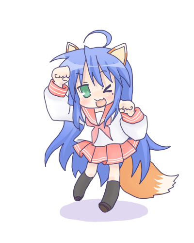 sakuramori sumomo, izumi konata, lucky star, lowres, 00s, 1girl, :3, ahoge, animal ears, blue hair, chibi, female focus, fox ears, green eyes, long hair, mole, mole under eye, one eye closed, school uniform, serafuku, solo, tail, wink