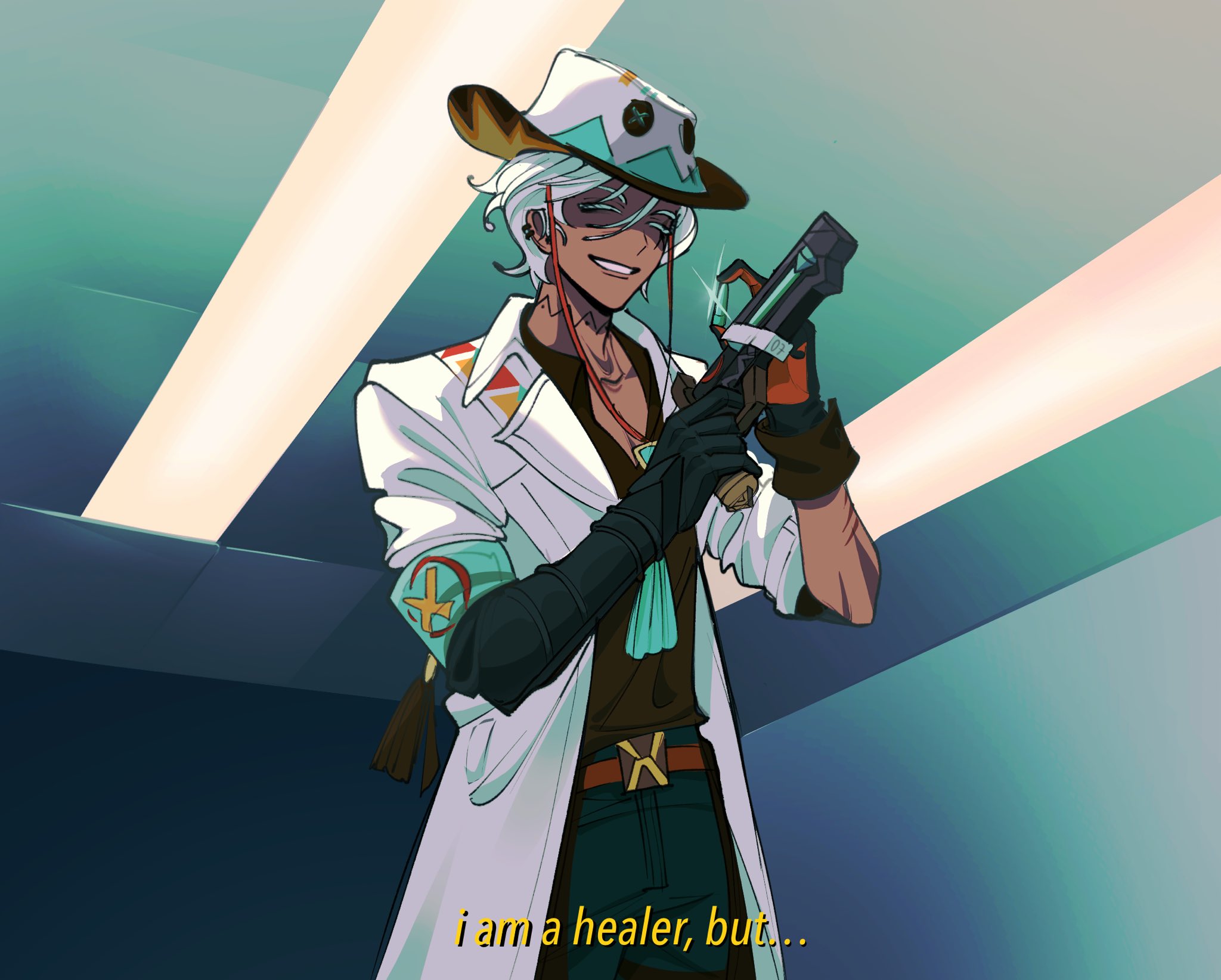 ifa (genshin impact), genshin impact, commentary, english commentary, highres, 07 – zero seven, 1boy, asymmetrical gloves, brown shirt, bullet, ceiling, ceiling light, closed eyes, coat, collared coat, cowboy hat, cowboy shot, dark-skinned male, dark skin, earrings, elbow gloves, english text, gloves, green hair, gun, hair between eyes, handgun, hands up, hat, holding, holding bullet, holding gun, holding weapon, i'm a healer but… (meme), indoors, jewelry, lapels, male focus, meme, multicolored hair, multicolored hat, multiple earrings, multiple scars, neck tattoo, open clothes, open coat, pants, partially shaded face, scar, scar across eye, scar on arm, scar on face, shirt, short hair, single elbow glove, smile, solo, subtitled, tattoo, two-tone hair, weapon, white coat, white hair
